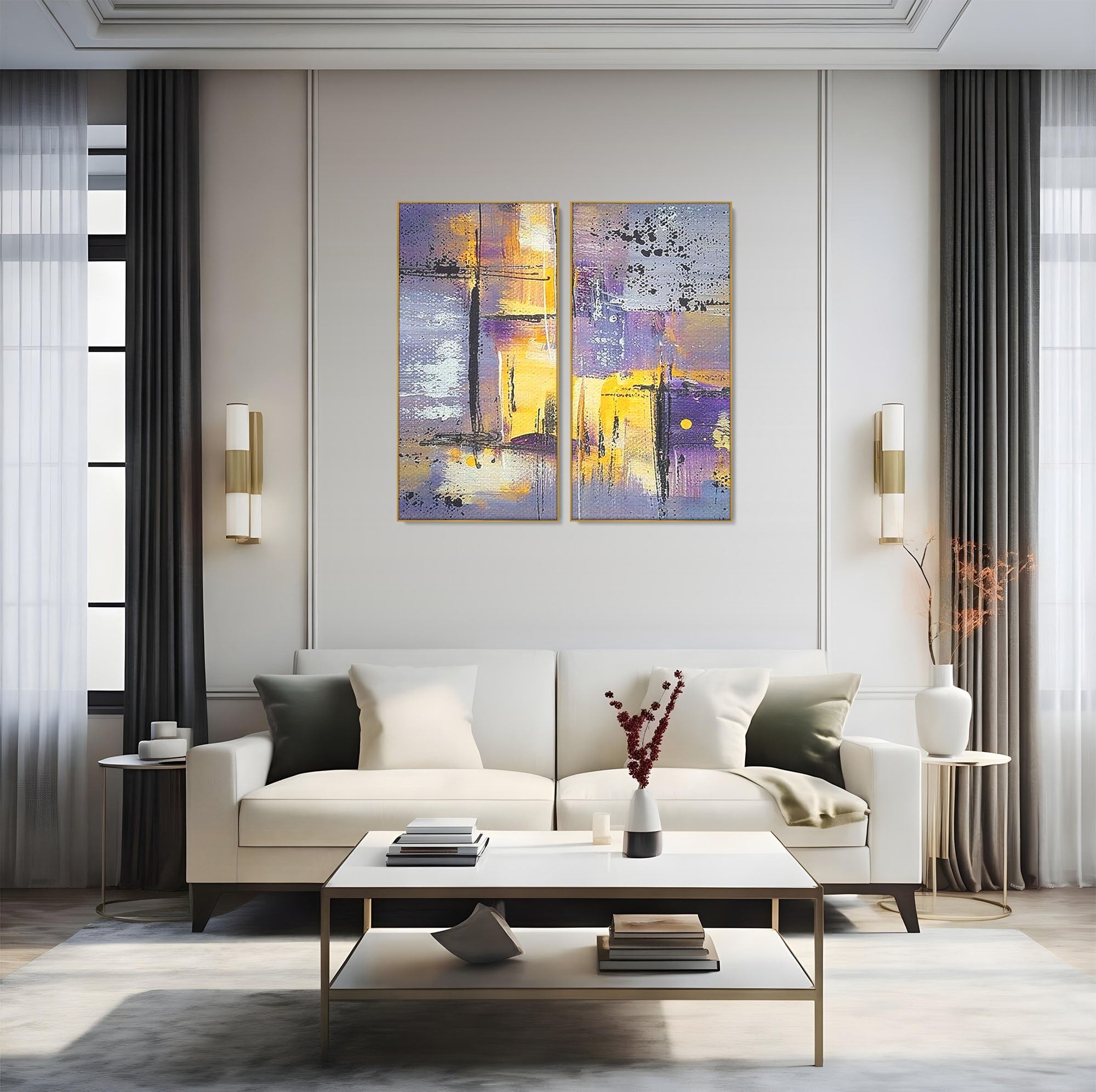 Set 2 Tablouri Canvas Premium LuxCanva® C2-1291, Ecou in lavanda, Geometrie, Culori, Abstract, Aur, Lumina, Fereastra, Tacere, Fragment, Raza, Gri, Poezie, Emotie, Minimalism, Birou, Living, Dormitor