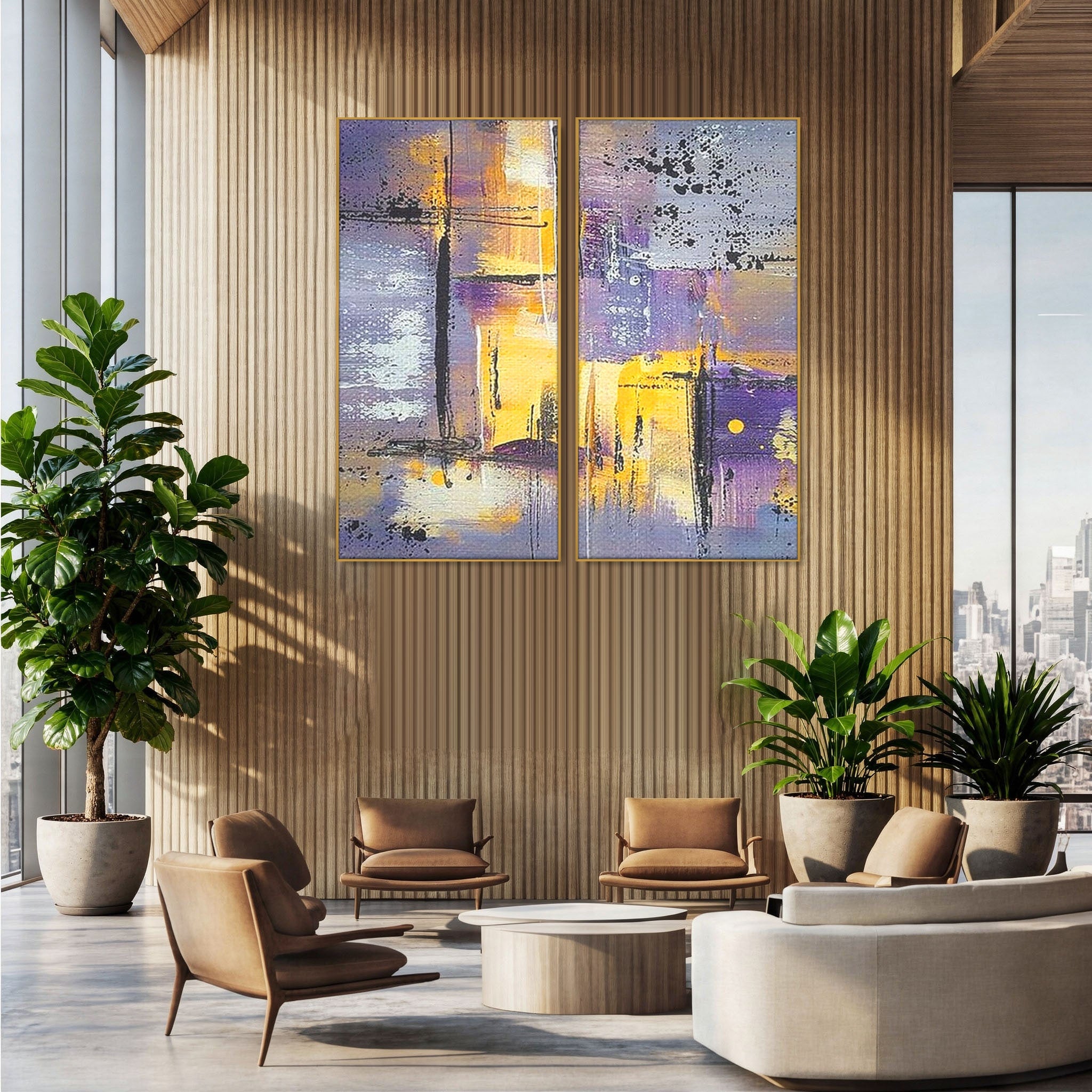 Set 2 Tablouri Canvas Premium LuxCanva® C2-1291, Ecou in lavanda, Geometrie, Culori, Abstract, Aur, Lumina, Fereastra, Tacere, Fragment, Raza, Gri, Poezie, Emotie, Minimalism, Birou, Living, Dormitor
