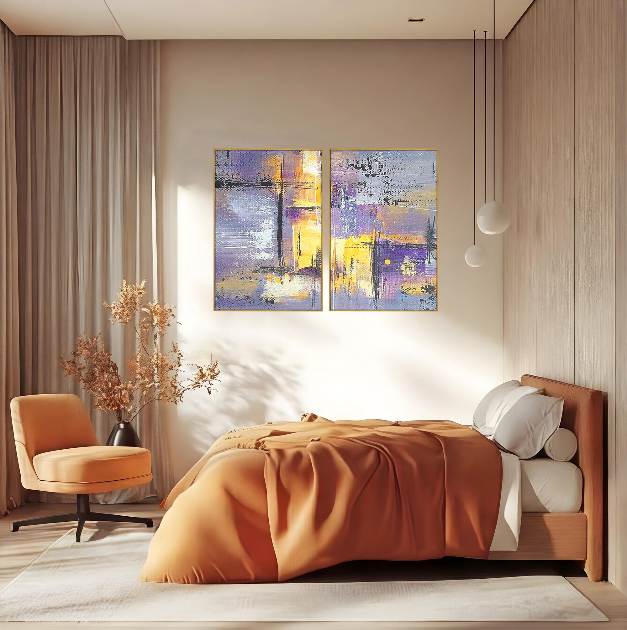 Set 2 Tablouri Canvas Premium LuxCanva® C2-1291, Ecou in lavanda, Geometrie, Culori, Abstract, Aur, Lumina, Fereastra, Tacere, Fragment, Raza, Gri, Poezie, Emotie, Minimalism, Birou, Living, Dormitor