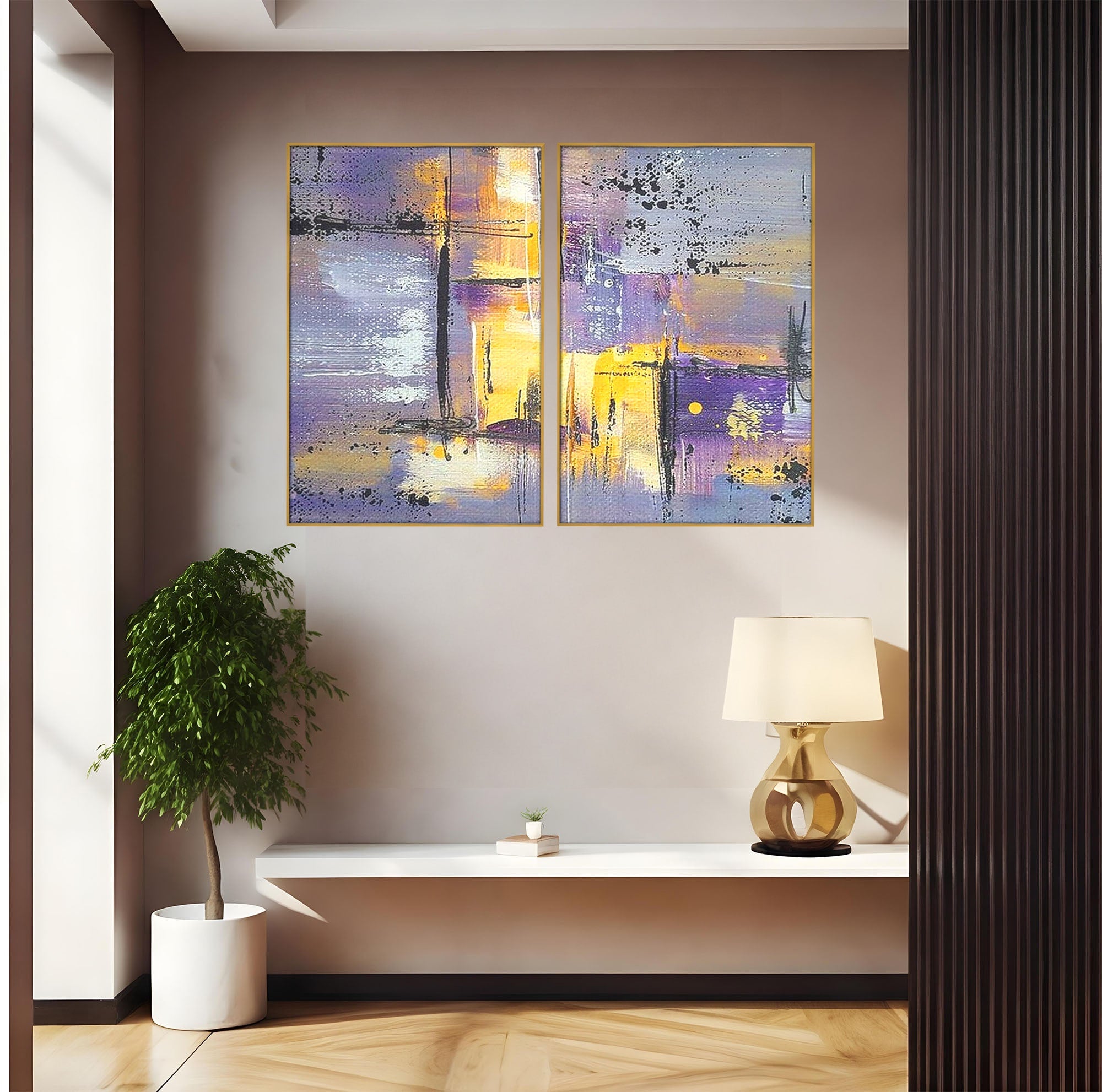 Set 2 Tablouri Canvas Premium LuxCanva® C2-1291, Ecou in lavanda, Geometrie, Culori, Abstract, Aur, Lumina, Fereastra, Tacere, Fragment, Raza, Gri, Poezie, Emotie, Minimalism, Birou, Living, Dormitor