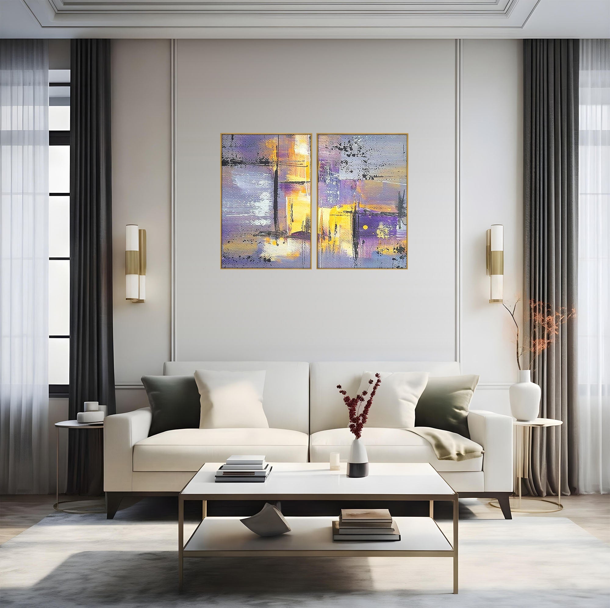 Set 2 Tablouri Canvas Premium LuxCanva® C2-1291, Ecou in lavanda, Geometrie, Culori, Abstract, Aur, Lumina, Fereastra, Tacere, Fragment, Raza, Gri, Poezie, Emotie, Minimalism, Birou, Living, Dormitor