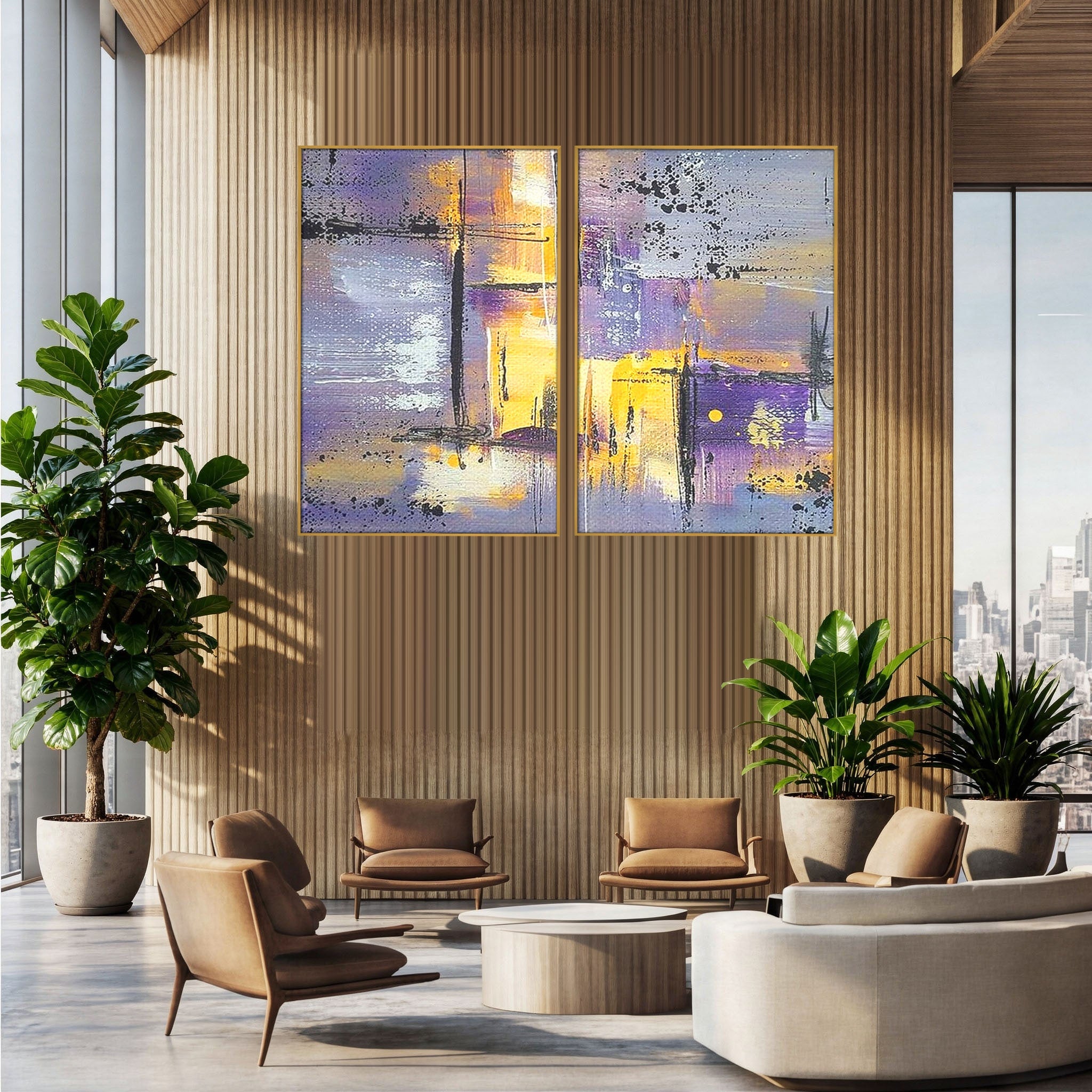 Set 2 Tablouri Canvas Premium LuxCanva® C2-1291, Ecou in lavanda, Geometrie, Culori, Abstract, Aur, Lumina, Fereastra, Tacere, Fragment, Raza, Gri, Poezie, Emotie, Minimalism, Birou, Living, Dormitor