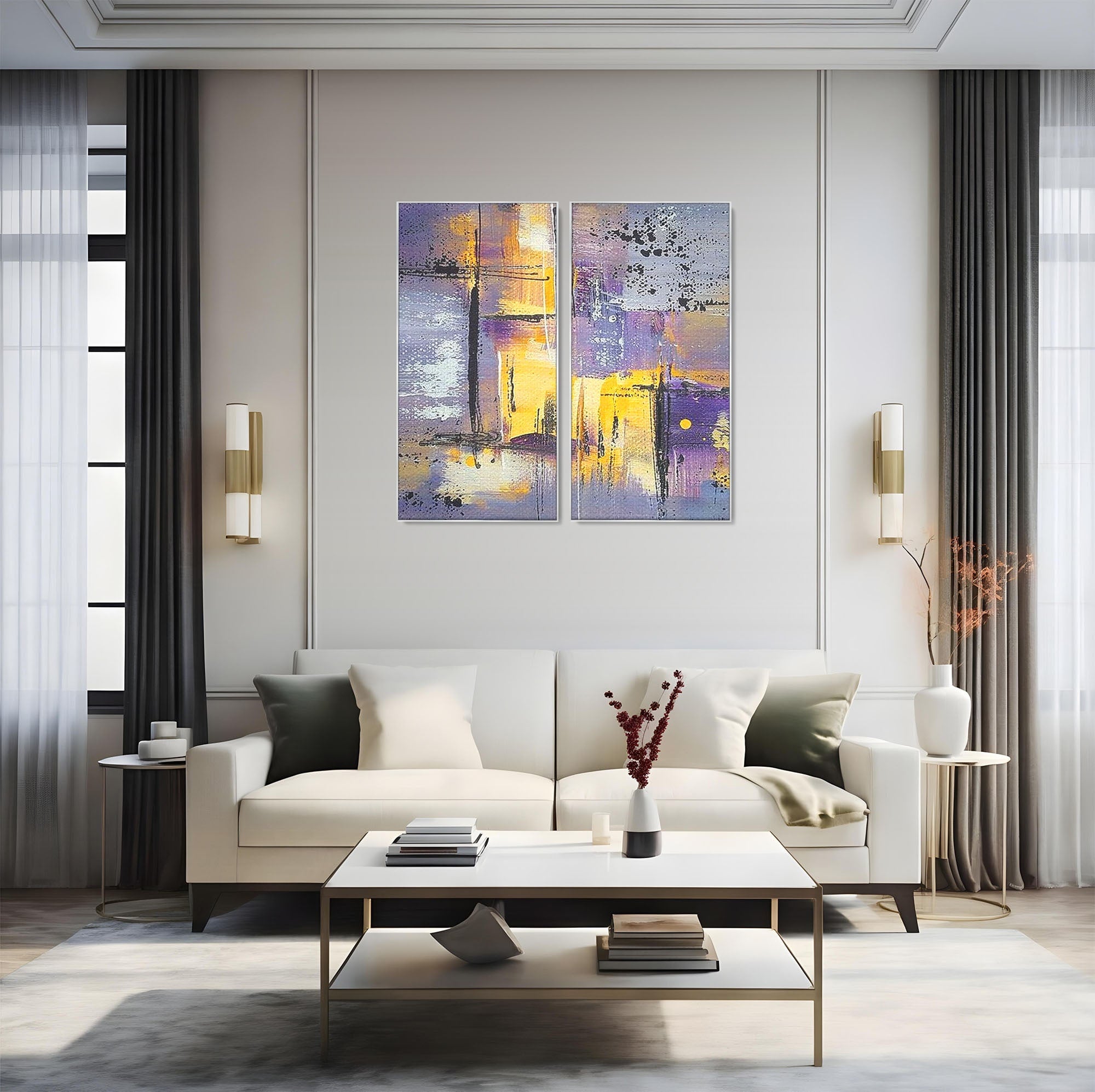 Set 2 Tablouri Canvas Premium LuxCanva® C2-1291, Ecou in lavanda, Geometrie, Culori, Abstract, Aur, Lumina, Fereastra, Tacere, Fragment, Raza, Gri, Poezie, Emotie, Minimalism, Birou, Living, Dormitor