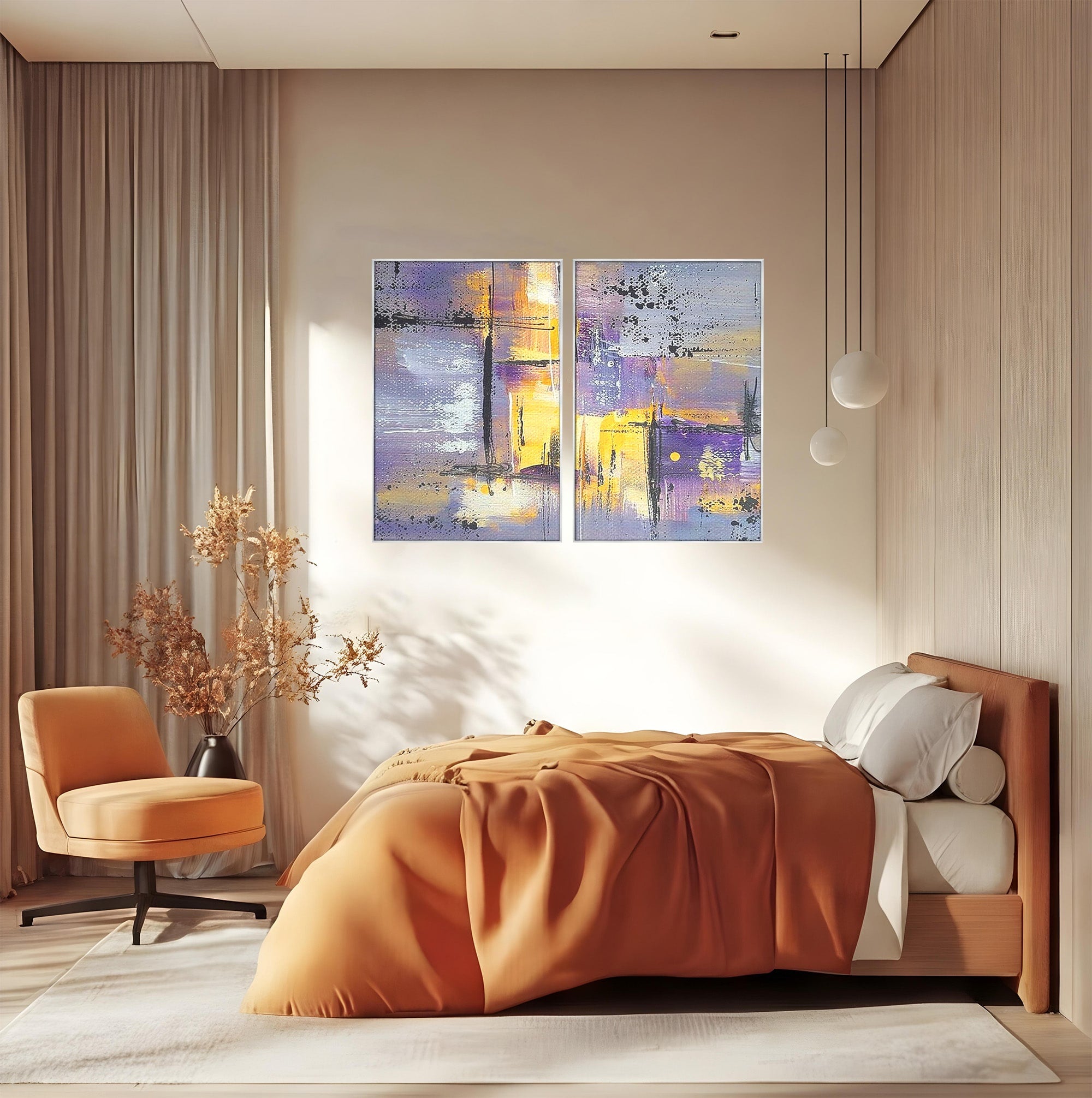 Set 2 Tablouri Canvas Premium LuxCanva® C2-1291, Ecou in lavanda, Geometrie, Culori, Abstract, Aur, Lumina, Fereastra, Tacere, Fragment, Raza, Gri, Poezie, Emotie, Minimalism, Birou, Living, Dormitor