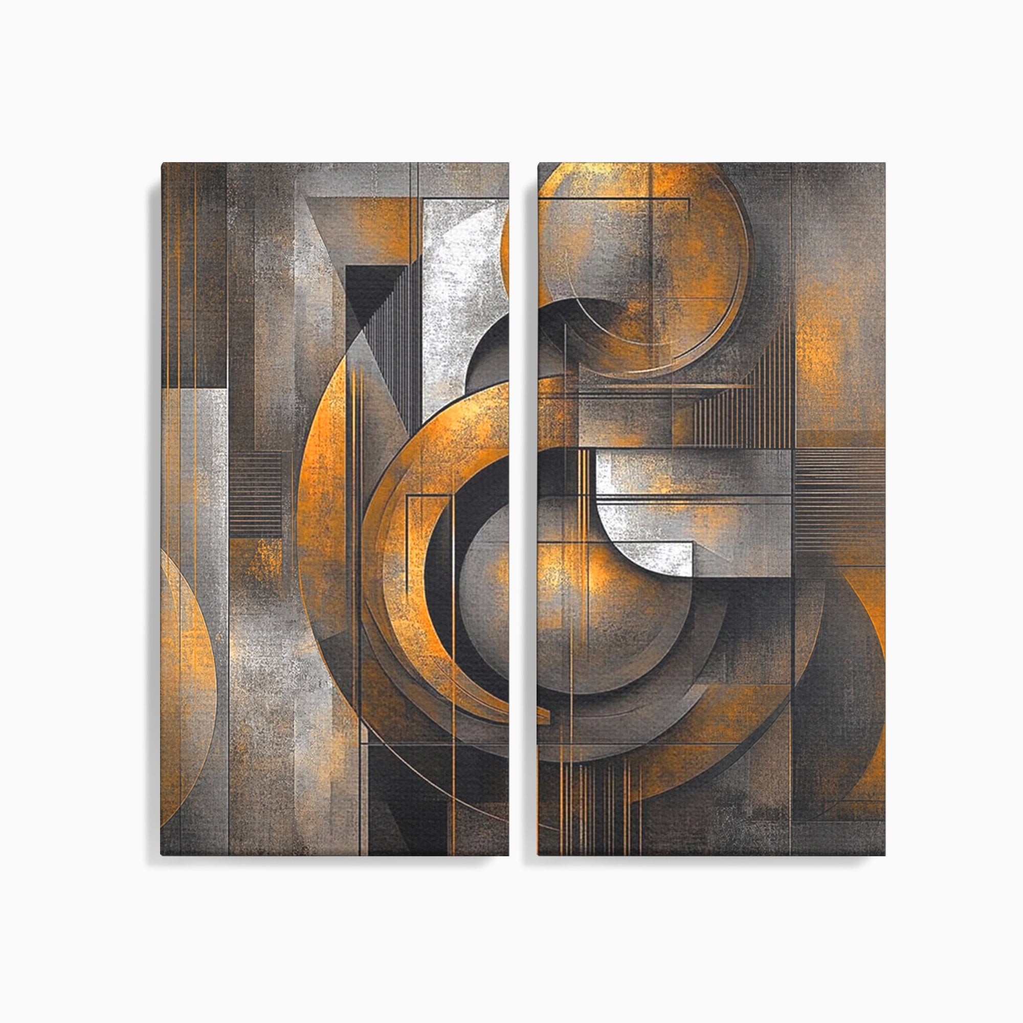 Set 2 Tablouri Canvas Premium LuxCanva® C2-1298, Cercul care tine lumea, Abstract, Auriu, Negru, Gri, Geometrie, Respiratie, Echilibru, Gravitatie, Ritual, Calm, Stabilitate, Materie, Birou, Living, Dormitor