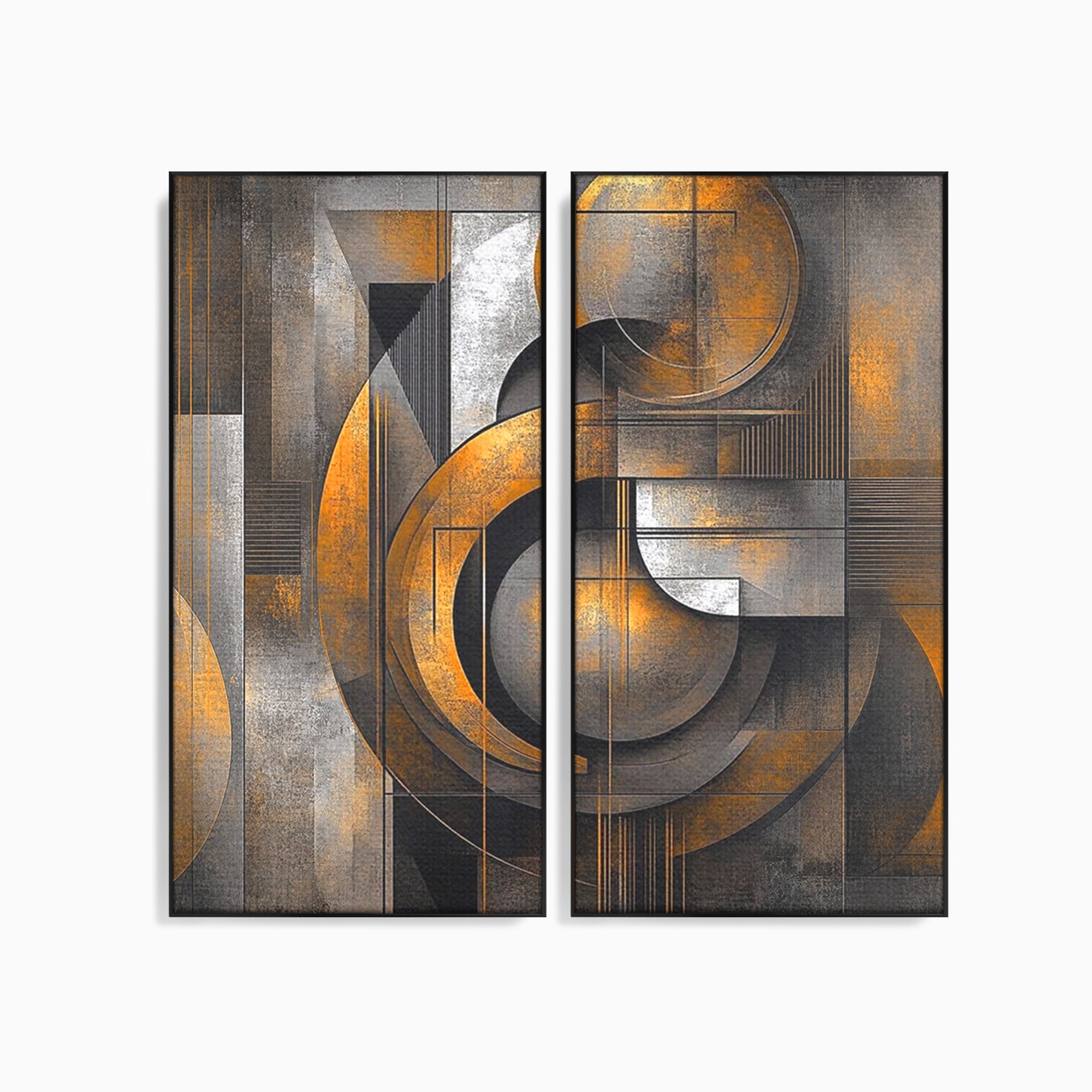 Set 2 Tablouri Canvas Premium LuxCanva® C2-1298, Cercul care tine lumea, Abstract, Auriu, Negru, Gri, Geometrie, Respiratie, Echilibru, Gravitatie, Ritual, Calm, Stabilitate, Materie, Birou, Living, Dormitor
