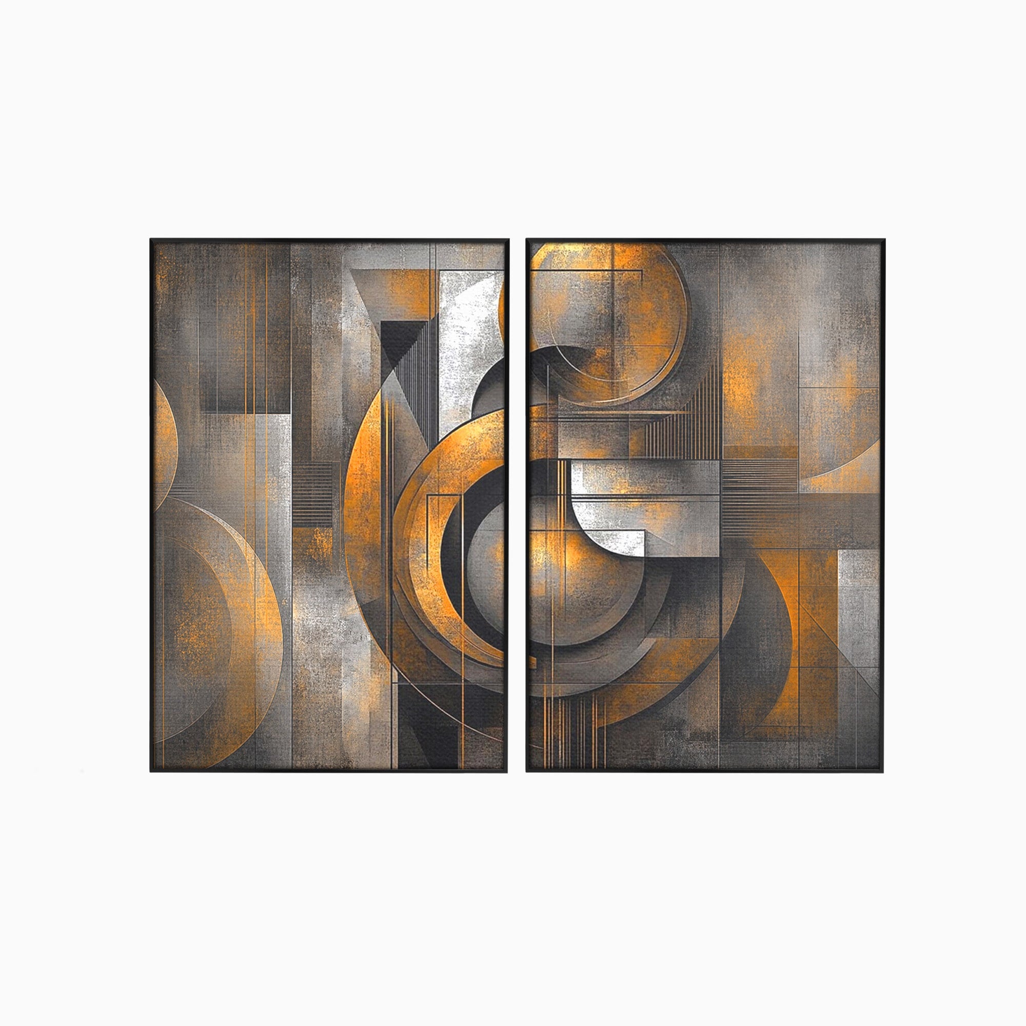 Set 2 Tablouri Canvas Premium LuxCanva® C2-1298, Cercul care tine lumea, Abstract, Auriu, Negru, Gri, Geometrie, Respiratie, Echilibru, Gravitatie, Ritual, Calm, Stabilitate, Materie, Birou, Living, Dormitor