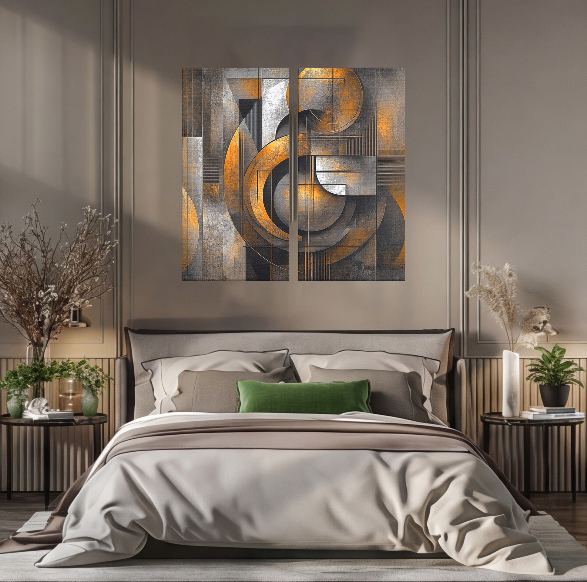Set 2 Tablouri Canvas Premium LuxCanva® C2-1298, Cercul care tine lumea, Abstract, Auriu, Negru, Gri, Geometrie, Respiratie, Echilibru, Gravitatie, Ritual, Calm, Stabilitate, Materie, Birou, Living, Dormitor