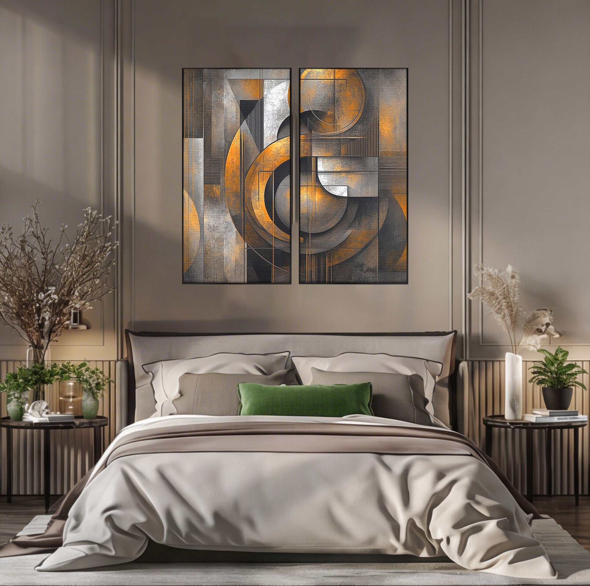 Set 2 Tablouri Canvas Premium LuxCanva® C2-1298, Cercul care tine lumea, Abstract, Auriu, Negru, Gri, Geometrie, Respiratie, Echilibru, Gravitatie, Ritual, Calm, Stabilitate, Materie, Birou, Living, Dormitor