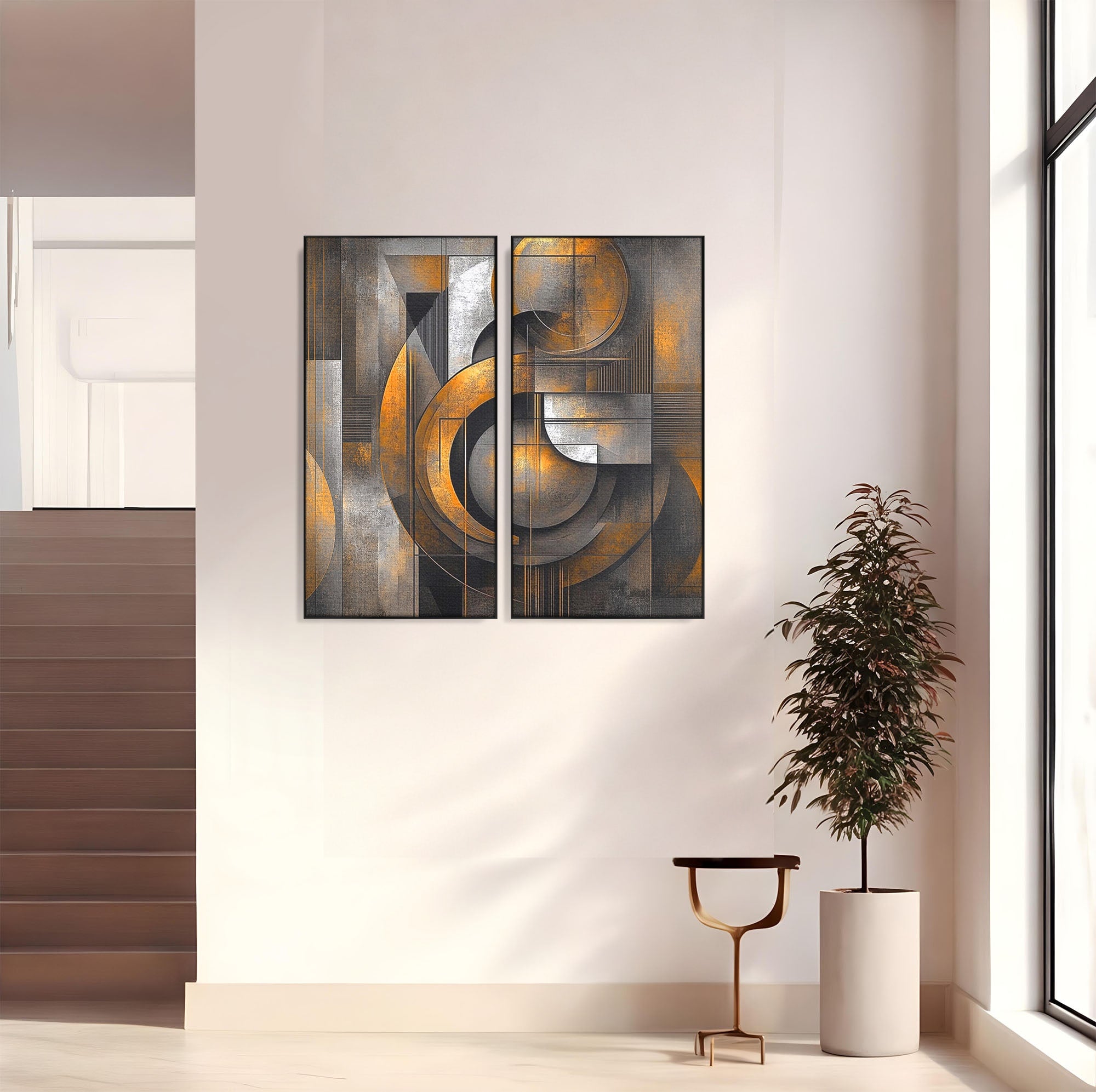 Set 2 Tablouri Canvas Premium LuxCanva® C2-1298, Cercul care tine lumea, Abstract, Auriu, Negru, Gri, Geometrie, Respiratie, Echilibru, Gravitatie, Ritual, Calm, Stabilitate, Materie, Birou, Living, Dormitor