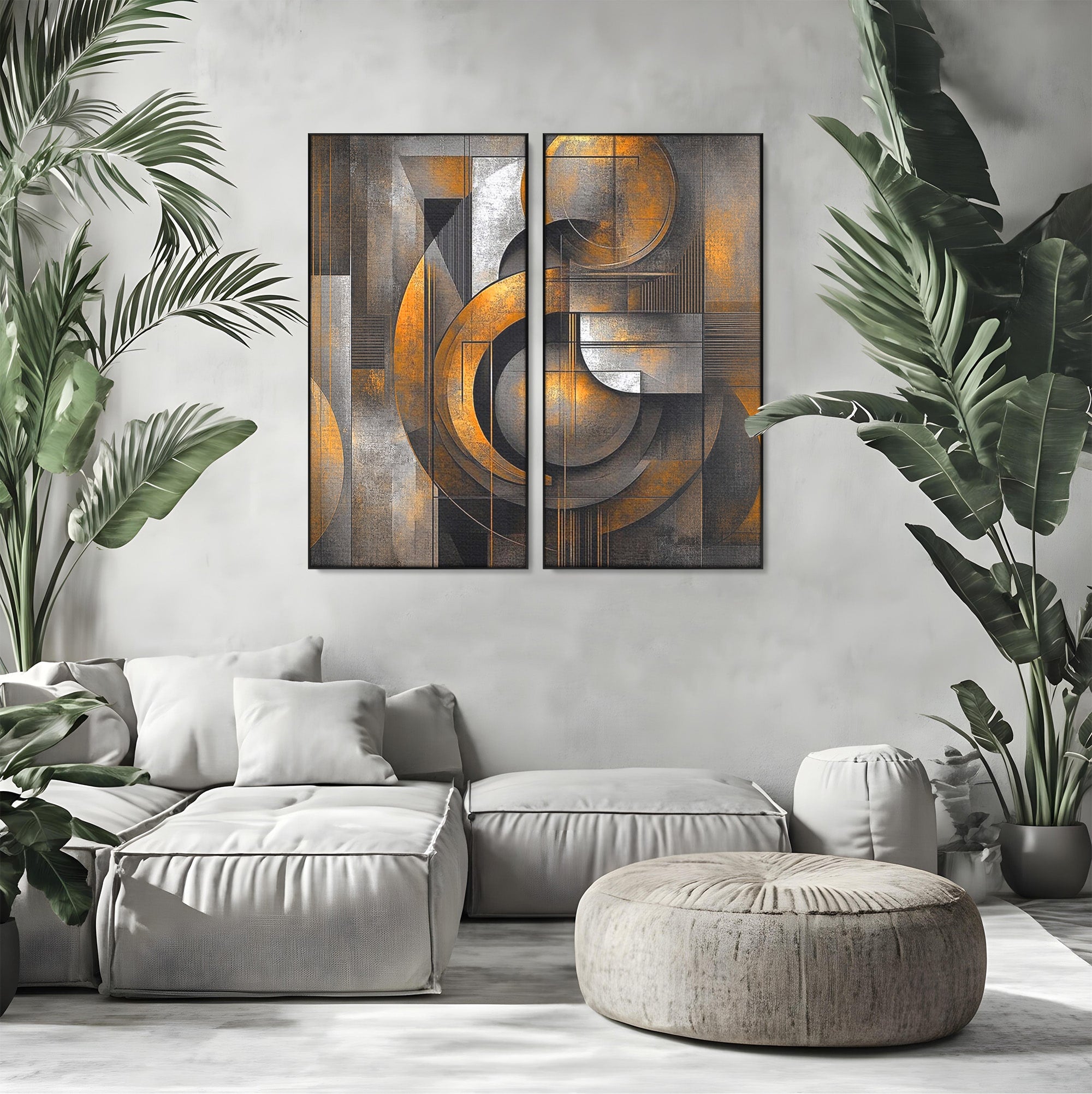 Set 2 Tablouri Canvas Premium LuxCanva® C2-1298, Cercul care tine lumea, Abstract, Auriu, Negru, Gri, Geometrie, Respiratie, Echilibru, Gravitatie, Ritual, Calm, Stabilitate, Materie, Birou, Living, Dormitor
