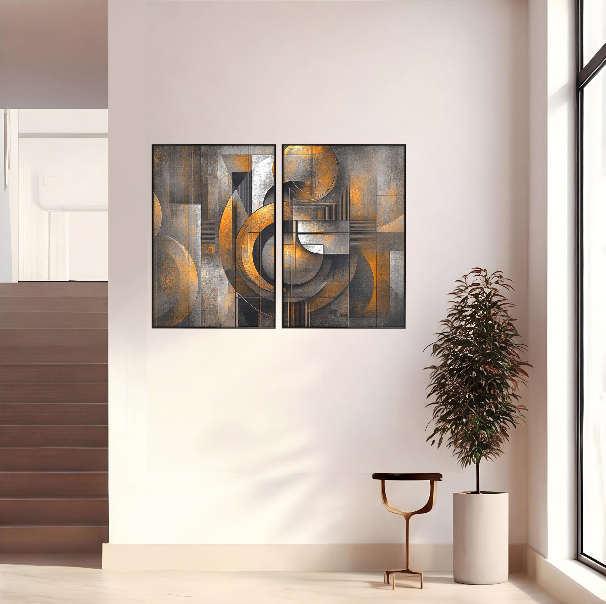Set 2 Tablouri Canvas Premium LuxCanva® C2-1298, Cercul care tine lumea, Abstract, Auriu, Negru, Gri, Geometrie, Respiratie, Echilibru, Gravitatie, Ritual, Calm, Stabilitate, Materie, Birou, Living, Dormitor