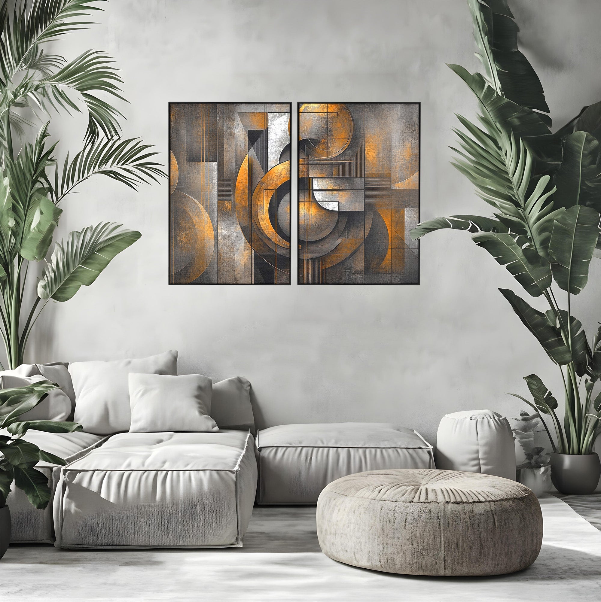 Set 2 Tablouri Canvas Premium LuxCanva® C2-1298, Cercul care tine lumea, Abstract, Auriu, Negru, Gri, Geometrie, Respiratie, Echilibru, Gravitatie, Ritual, Calm, Stabilitate, Materie, Birou, Living, Dormitor