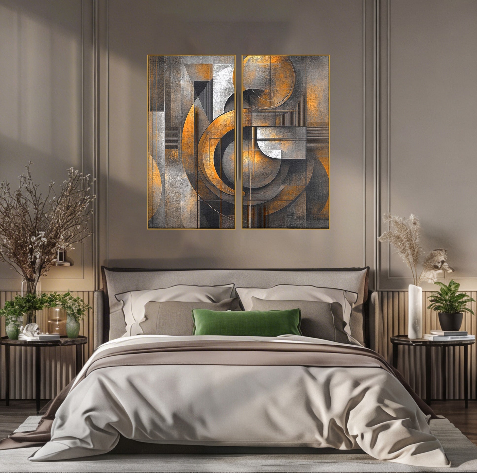 Set 2 Tablouri Canvas Premium LuxCanva® C2-1298, Cercul care tine lumea, Abstract, Auriu, Negru, Gri, Geometrie, Respiratie, Echilibru, Gravitatie, Ritual, Calm, Stabilitate, Materie, Birou, Living, Dormitor