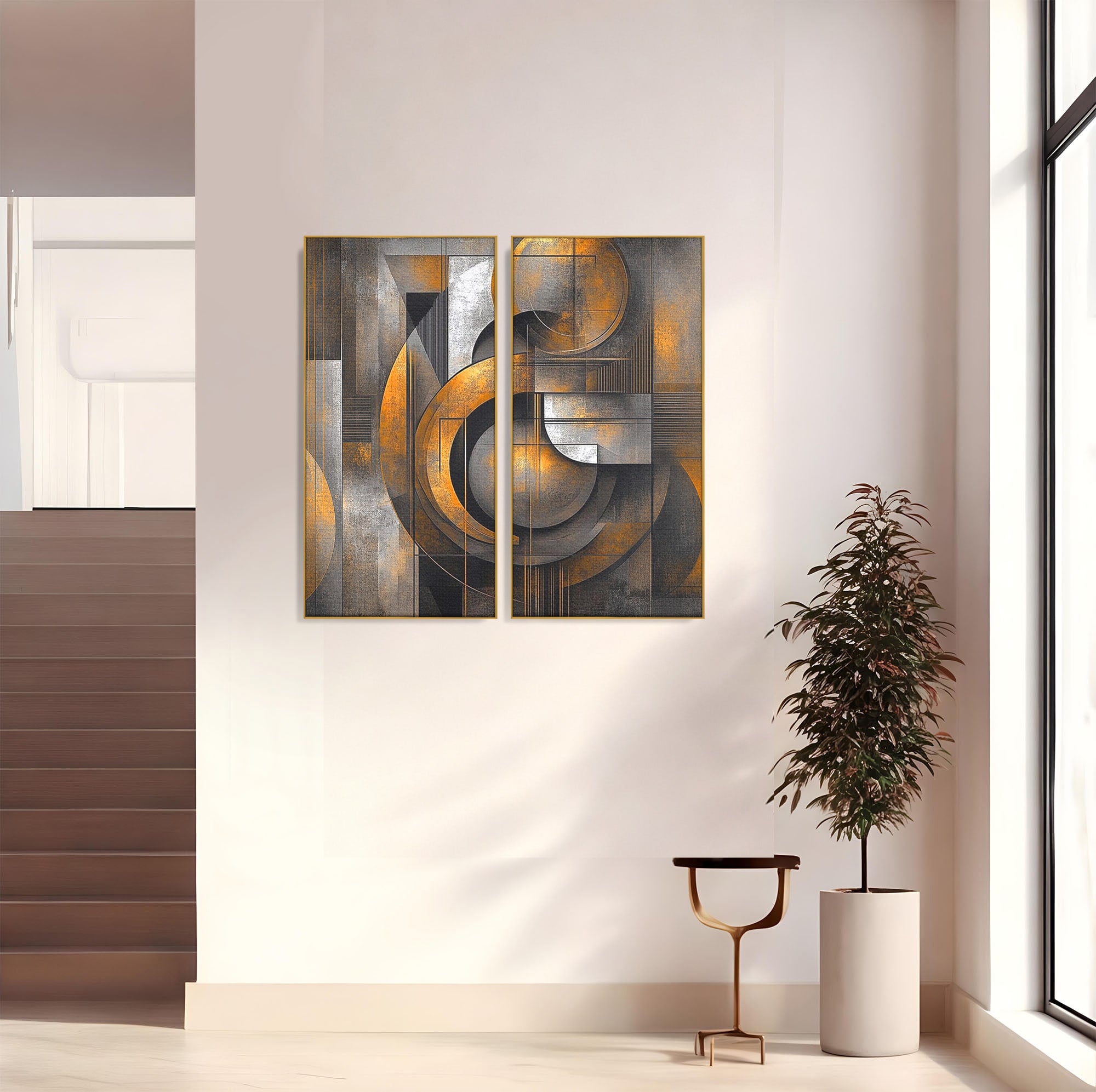 Set 2 Tablouri Canvas Premium LuxCanva® C2-1298, Cercul care tine lumea, Abstract, Auriu, Negru, Gri, Geometrie, Respiratie, Echilibru, Gravitatie, Ritual, Calm, Stabilitate, Materie, Birou, Living, Dormitor
