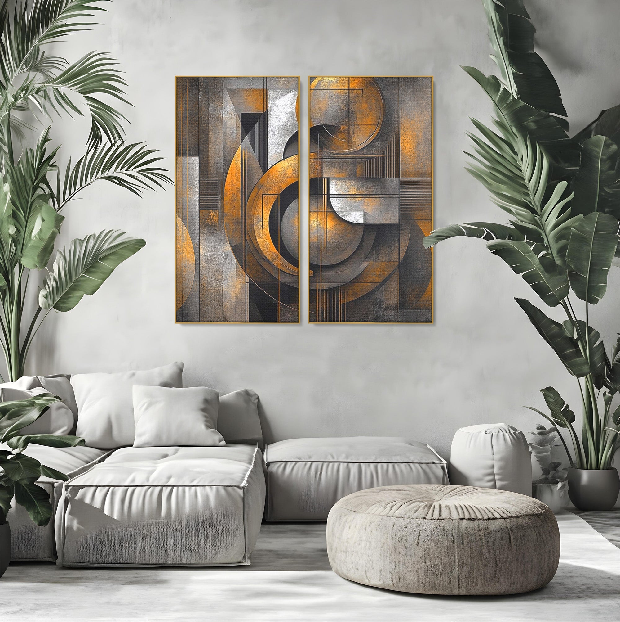 Set 2 Tablouri Canvas Premium LuxCanva® C2-1298, Cercul care tine lumea, Abstract, Auriu, Negru, Gri, Geometrie, Respiratie, Echilibru, Gravitatie, Ritual, Calm, Stabilitate, Materie, Birou, Living, Dormitor