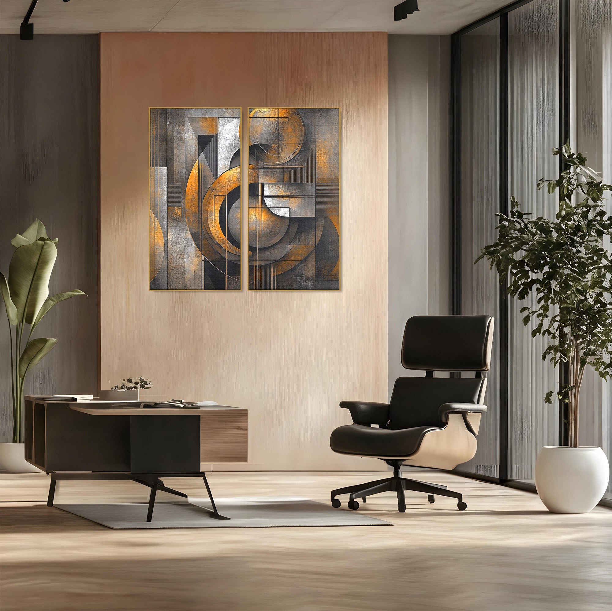 Set 2 Tablouri Canvas Premium LuxCanva® C2-1298, Cercul care tine lumea, Abstract, Auriu, Negru, Gri, Geometrie, Respiratie, Echilibru, Gravitatie, Ritual, Calm, Stabilitate, Materie, Birou, Living, Dormitor