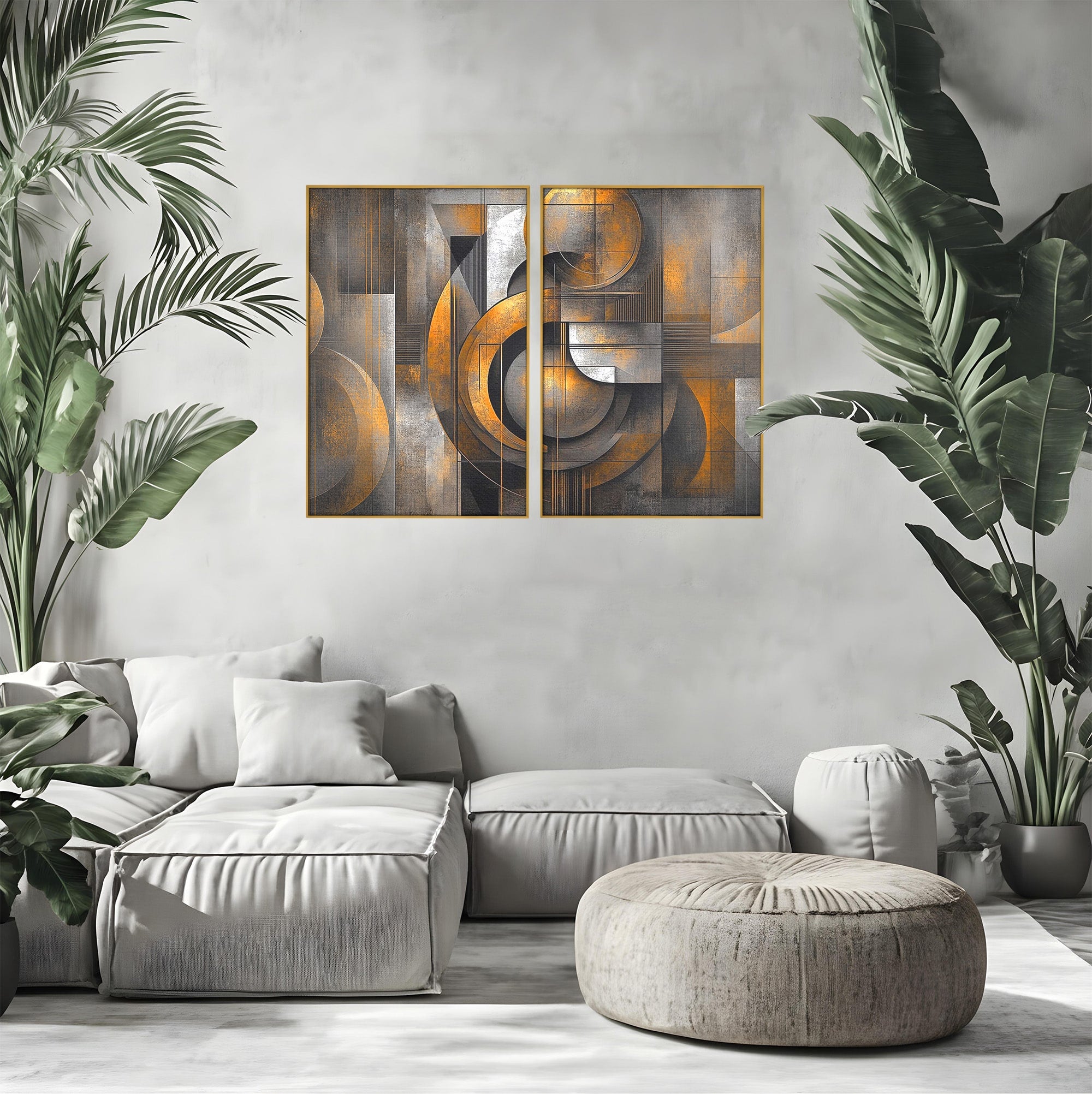 Set 2 Tablouri Canvas Premium LuxCanva® C2-1298, Cercul care tine lumea, Abstract, Auriu, Negru, Gri, Geometrie, Respiratie, Echilibru, Gravitatie, Ritual, Calm, Stabilitate, Materie, Birou, Living, Dormitor