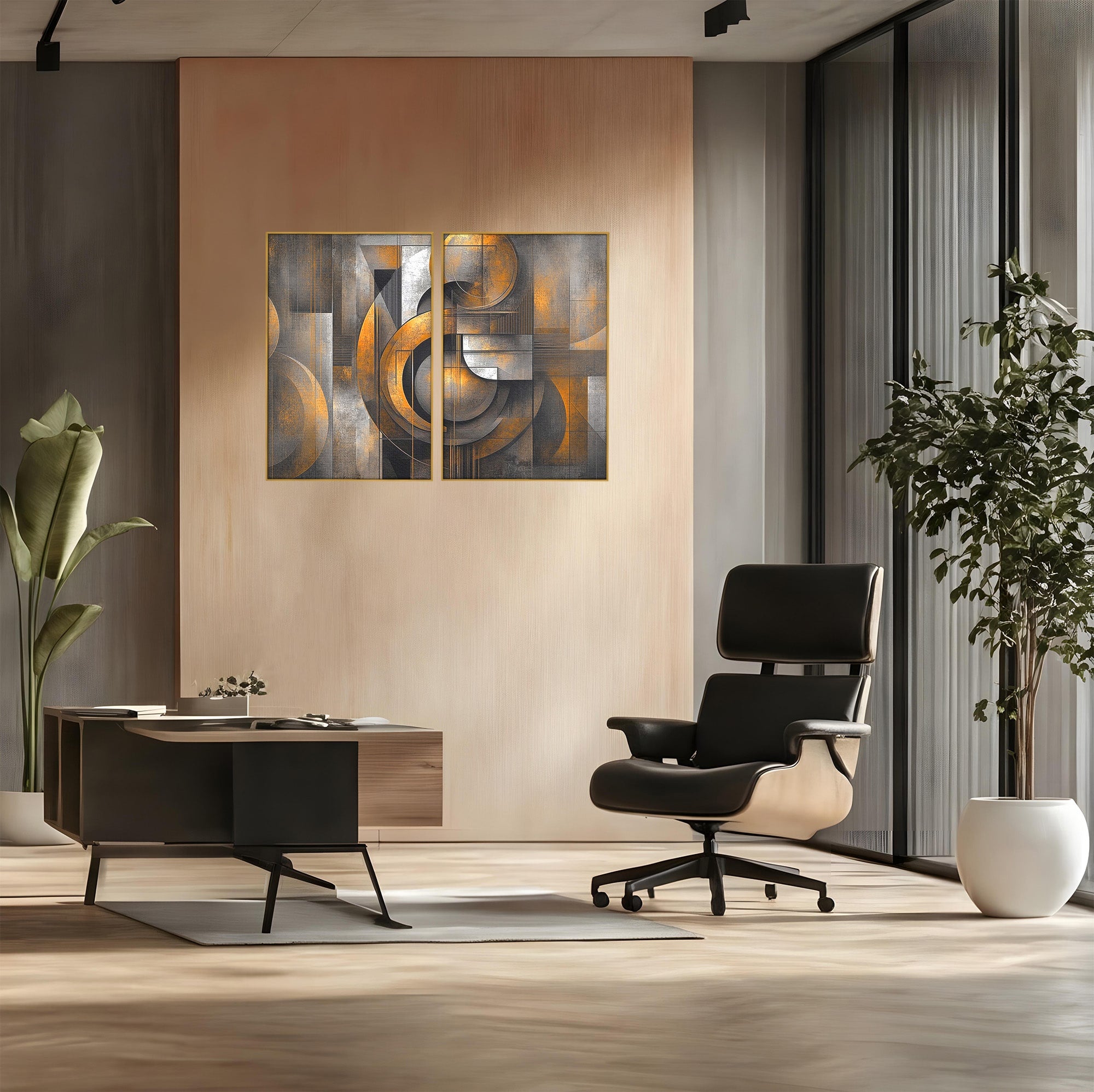 Set 2 Tablouri Canvas Premium LuxCanva® C2-1298, Cercul care tine lumea, Abstract, Auriu, Negru, Gri, Geometrie, Respiratie, Echilibru, Gravitatie, Ritual, Calm, Stabilitate, Materie, Birou, Living, Dormitor