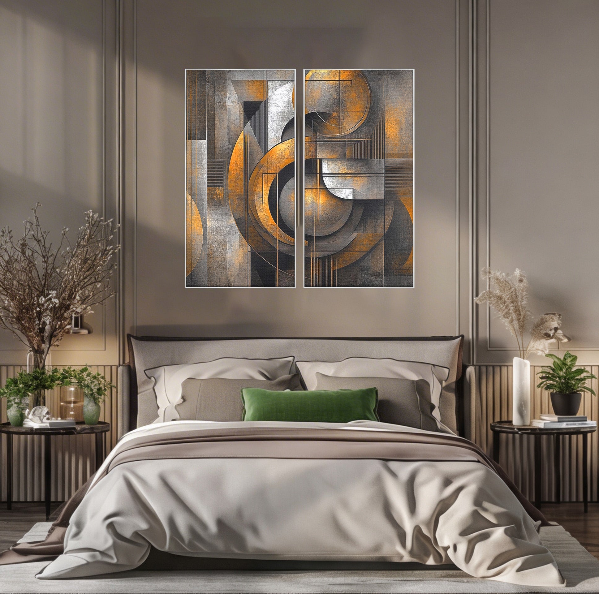 Set 2 Tablouri Canvas Premium LuxCanva® C2-1298, Cercul care tine lumea, Abstract, Auriu, Negru, Gri, Geometrie, Respiratie, Echilibru, Gravitatie, Ritual, Calm, Stabilitate, Materie, Birou, Living, Dormitor