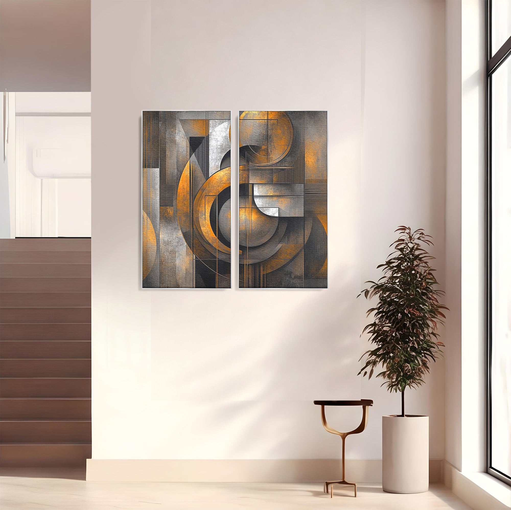 Set 2 Tablouri Canvas Premium LuxCanva® C2-1298, Cercul care tine lumea, Abstract, Auriu, Negru, Gri, Geometrie, Respiratie, Echilibru, Gravitatie, Ritual, Calm, Stabilitate, Materie, Birou, Living, Dormitor
