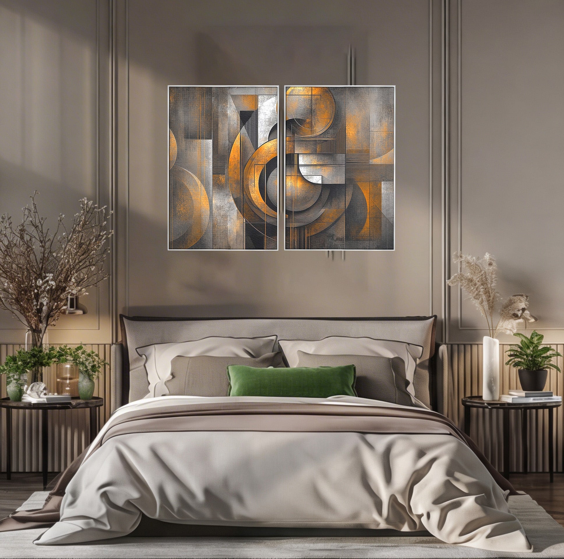 Set 2 Tablouri Canvas Premium LuxCanva® C2-1298, Cercul care tine lumea, Abstract, Auriu, Negru, Gri, Geometrie, Respiratie, Echilibru, Gravitatie, Ritual, Calm, Stabilitate, Materie, Birou, Living, Dormitor