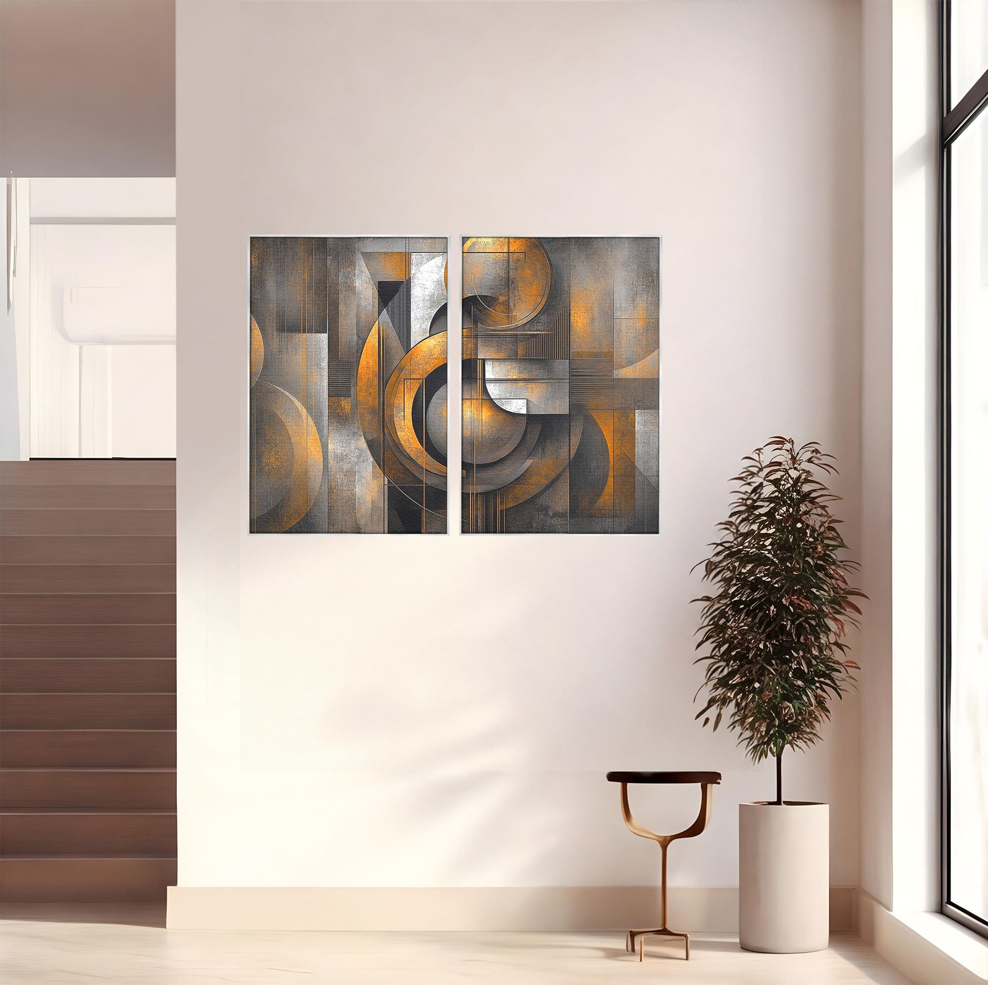 Set 2 Tablouri Canvas Premium LuxCanva® C2-1298, Cercul care tine lumea, Abstract, Auriu, Negru, Gri, Geometrie, Respiratie, Echilibru, Gravitatie, Ritual, Calm, Stabilitate, Materie, Birou, Living, Dormitor
