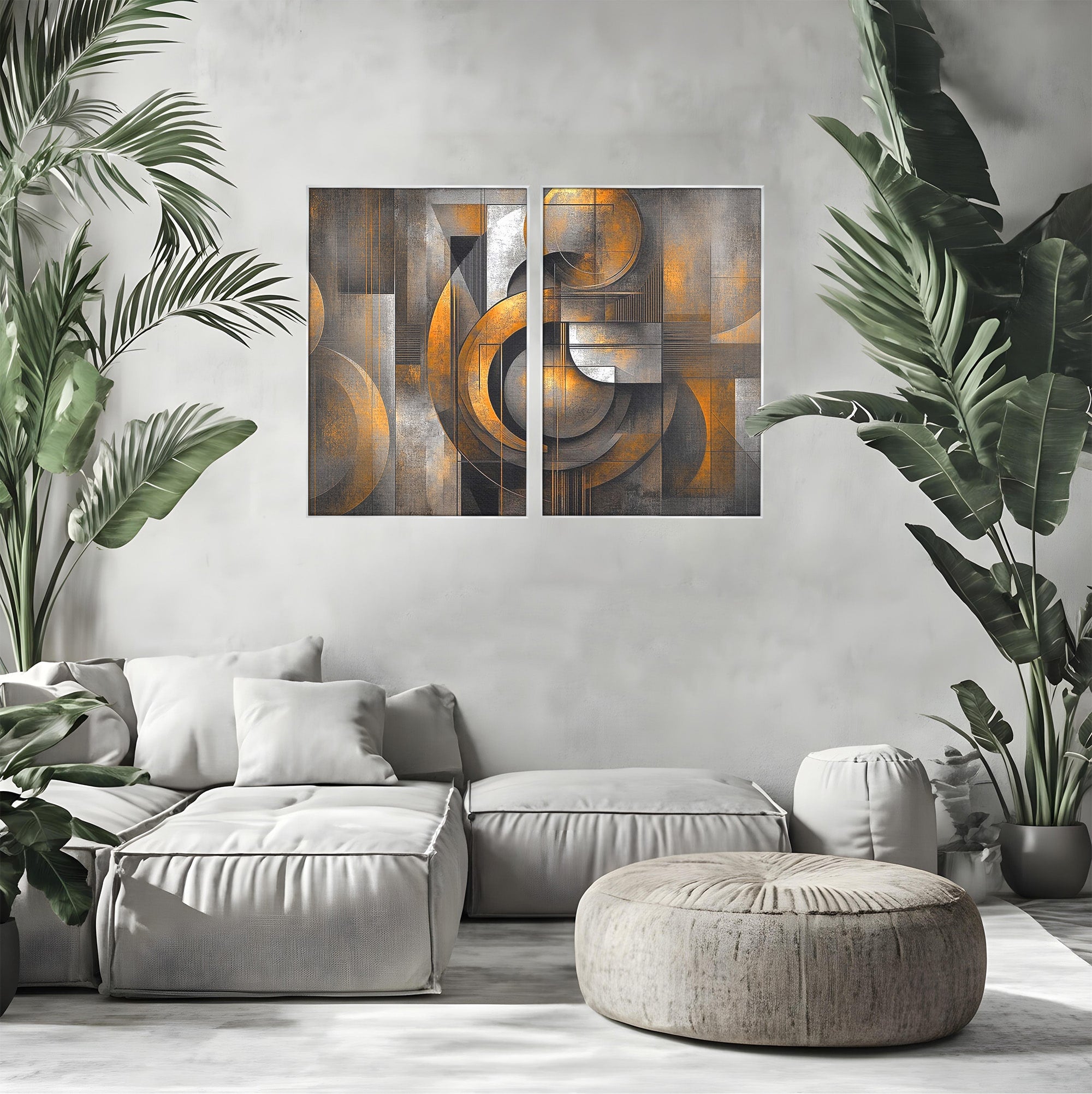 Set 2 Tablouri Canvas Premium LuxCanva® C2-1298, Cercul care tine lumea, Abstract, Auriu, Negru, Gri, Geometrie, Respiratie, Echilibru, Gravitatie, Ritual, Calm, Stabilitate, Materie, Birou, Living, Dormitor