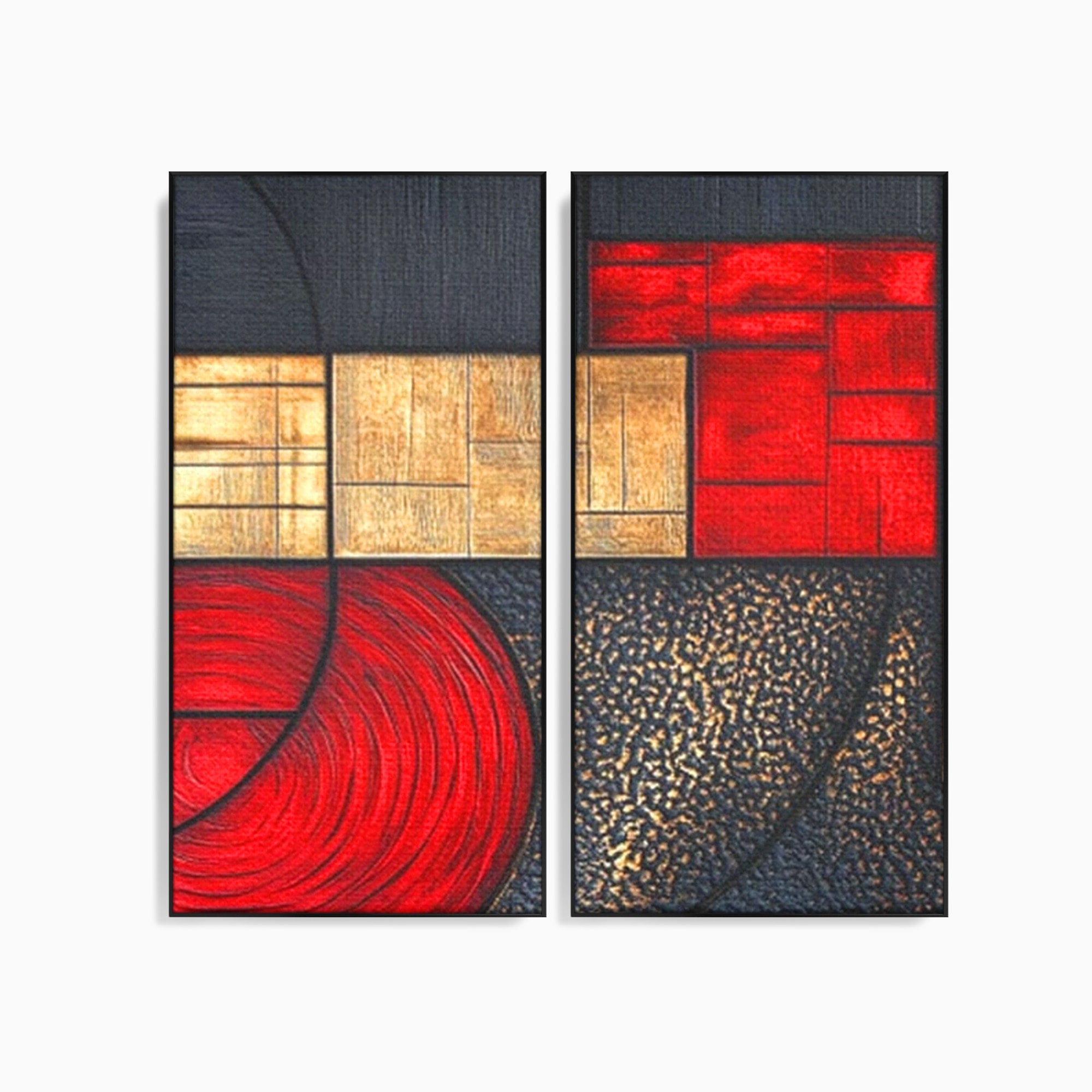 Set 2 Tablouri Canvas Premium LuxCanva® C2-1306, Ordinea pasiunii, Geometrie, Culori, Abstract, Auriu, Rosu, Negru, Minimalism, Design, Cerc, Labirint, Dorinta, Expozitie, Arta, Birou, Living, Dormitor