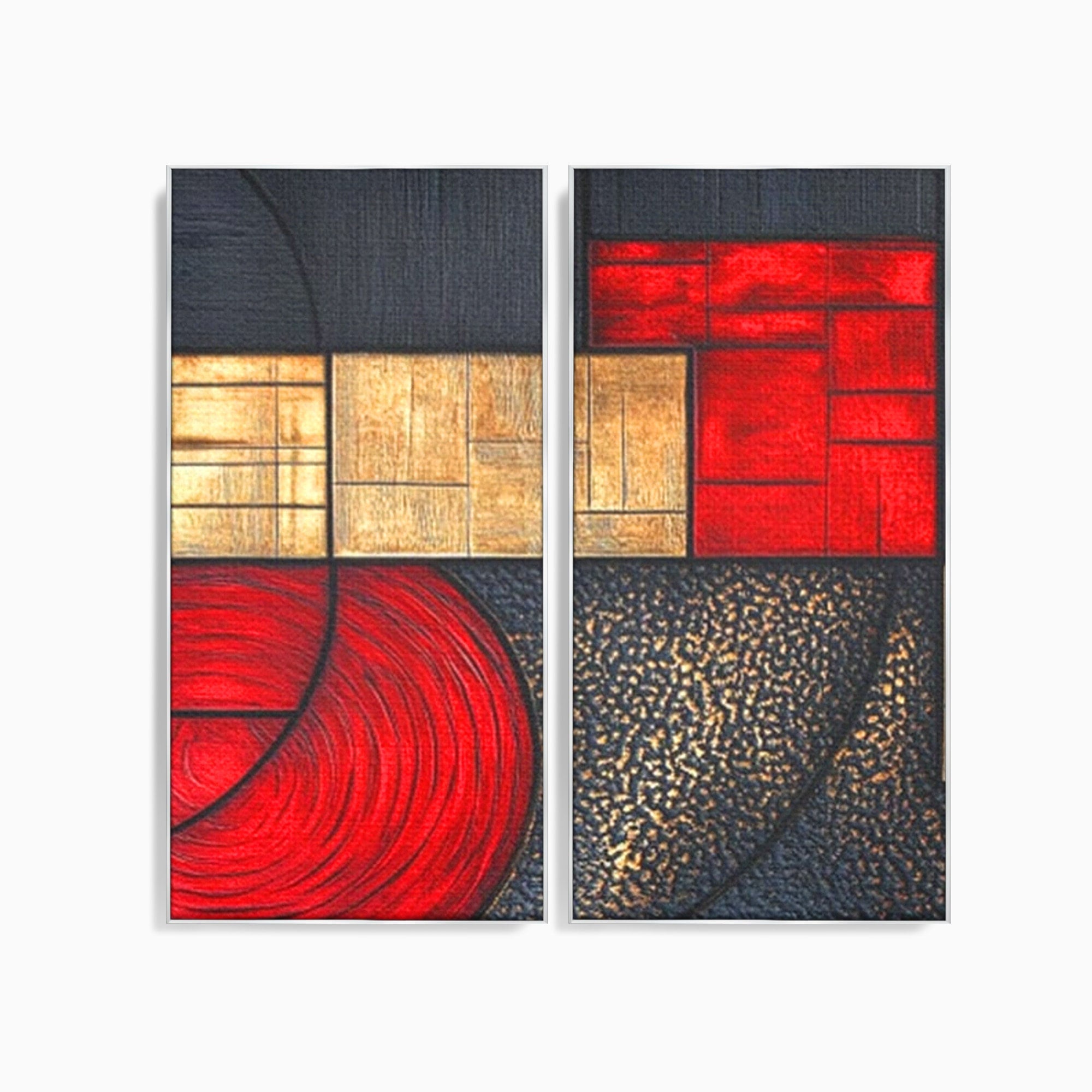 Set 2 Tablouri Canvas Premium LuxCanva® C2-1306, Ordinea pasiunii, Geometrie, Culori, Abstract, Auriu, Rosu, Negru, Minimalism, Design, Cerc, Labirint, Dorinta, Expozitie, Arta, Birou, Living, Dormitor