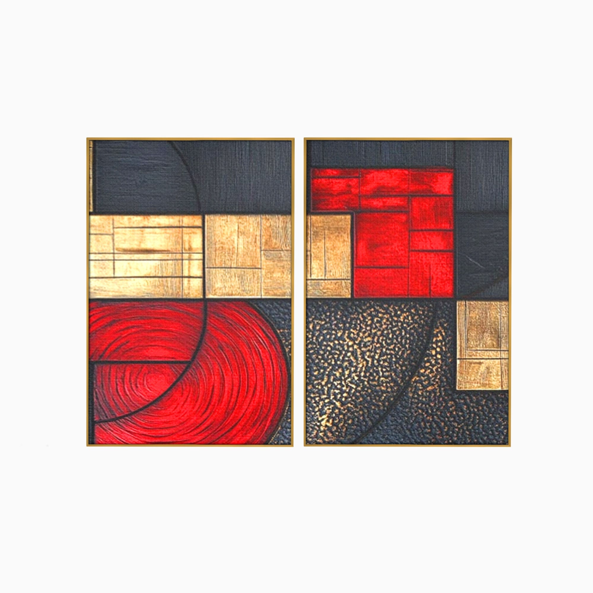 Set 2 Tablouri Canvas Premium LuxCanva® C2-1306, Ordinea pasiunii, Geometrie, Culori, Abstract, Auriu, Rosu, Negru, Minimalism, Design, Cerc, Labirint, Dorinta, Expozitie, Arta, Birou, Living, Dormitor