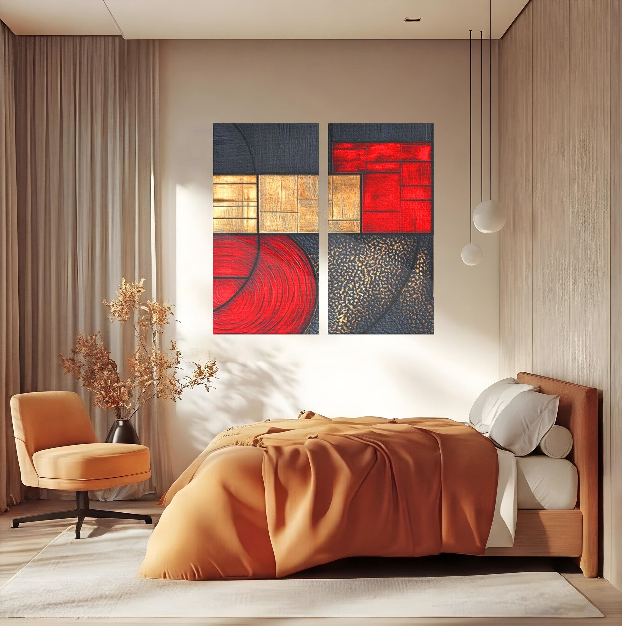 Set 2 Tablouri Canvas Premium LuxCanva® C2-1306, Ordinea pasiunii, Geometrie, Culori, Abstract, Auriu, Rosu, Negru, Minimalism, Design, Cerc, Labirint, Dorinta, Expozitie, Arta, Birou, Living, Dormitor