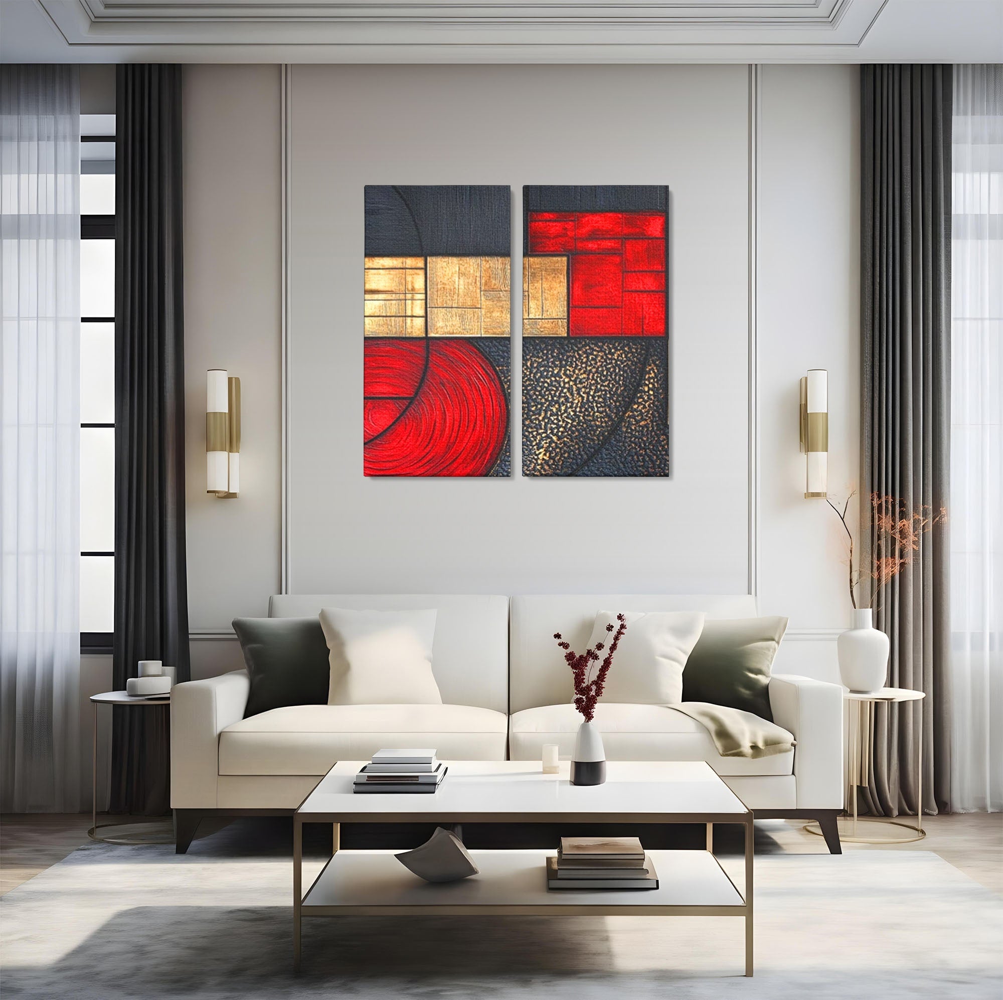 Set 2 Tablouri Canvas Premium LuxCanva® C2-1306, Ordinea pasiunii, Geometrie, Culori, Abstract, Auriu, Rosu, Negru, Minimalism, Design, Cerc, Labirint, Dorinta, Expozitie, Arta, Birou, Living, Dormitor