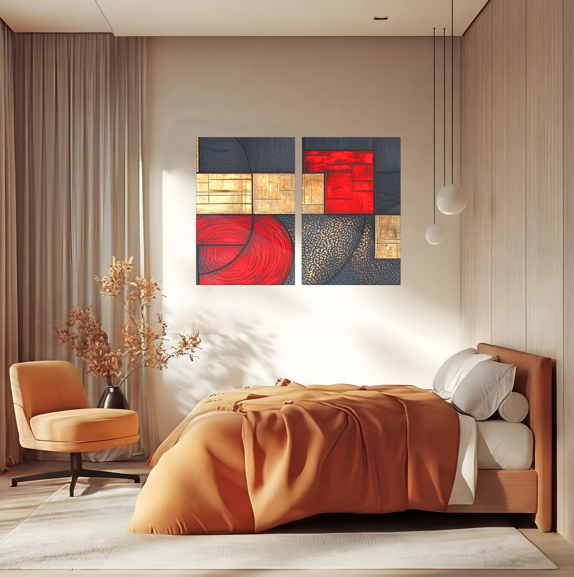Set 2 Tablouri Canvas Premium LuxCanva® C2-1306, Ordinea pasiunii, Geometrie, Culori, Abstract, Auriu, Rosu, Negru, Minimalism, Design, Cerc, Labirint, Dorinta, Expozitie, Arta, Birou, Living, Dormitor
