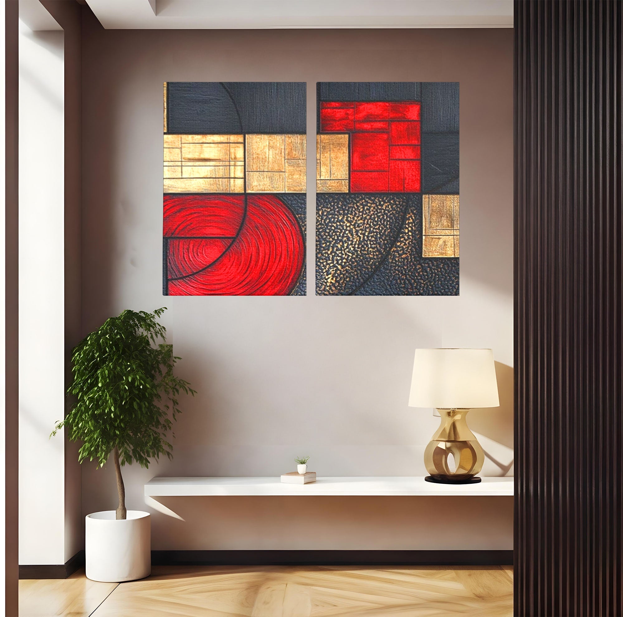 Set 2 Tablouri Canvas Premium LuxCanva® C2-1306, Ordinea pasiunii, Geometrie, Culori, Abstract, Auriu, Rosu, Negru, Minimalism, Design, Cerc, Labirint, Dorinta, Expozitie, Arta, Birou, Living, Dormitor