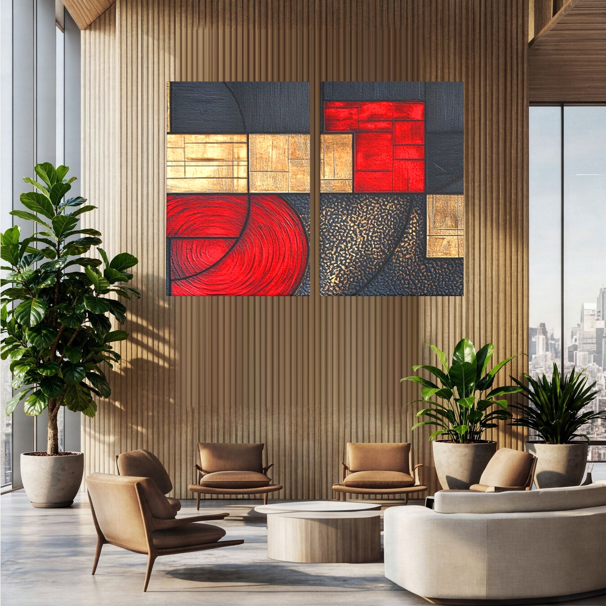 Set 2 Tablouri Canvas Premium LuxCanva® C2-1306, Ordinea pasiunii, Geometrie, Culori, Abstract, Auriu, Rosu, Negru, Minimalism, Design, Cerc, Labirint, Dorinta, Expozitie, Arta, Birou, Living, Dormitor
