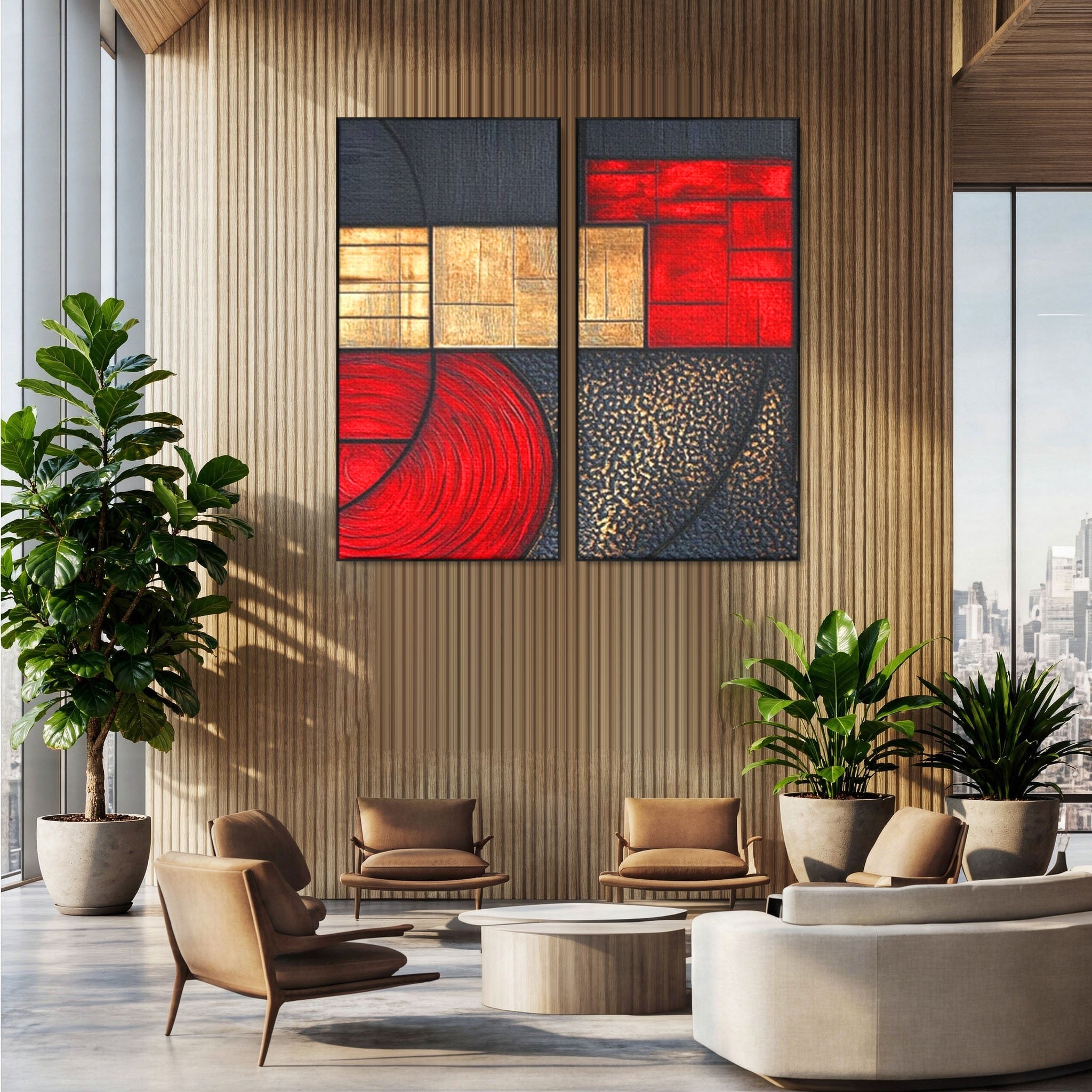 Set 2 Tablouri Canvas Premium LuxCanva® C2-1306, Ordinea pasiunii, Geometrie, Culori, Abstract, Auriu, Rosu, Negru, Minimalism, Design, Cerc, Labirint, Dorinta, Expozitie, Arta, Birou, Living, Dormitor