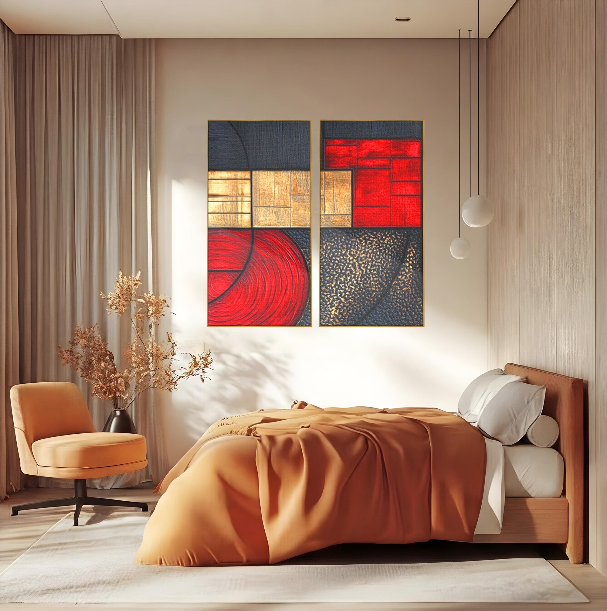 Set 2 Tablouri Canvas Premium LuxCanva® C2-1306, Ordinea pasiunii, Geometrie, Culori, Abstract, Auriu, Rosu, Negru, Minimalism, Design, Cerc, Labirint, Dorinta, Expozitie, Arta, Birou, Living, Dormitor
