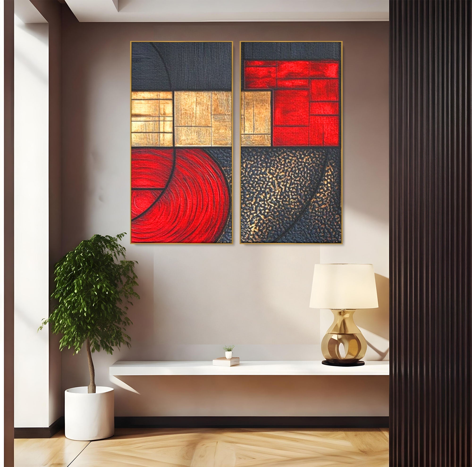 Set 2 Tablouri Canvas Premium LuxCanva® C2-1306, Ordinea pasiunii, Geometrie, Culori, Abstract, Auriu, Rosu, Negru, Minimalism, Design, Cerc, Labirint, Dorinta, Expozitie, Arta, Birou, Living, Dormitor