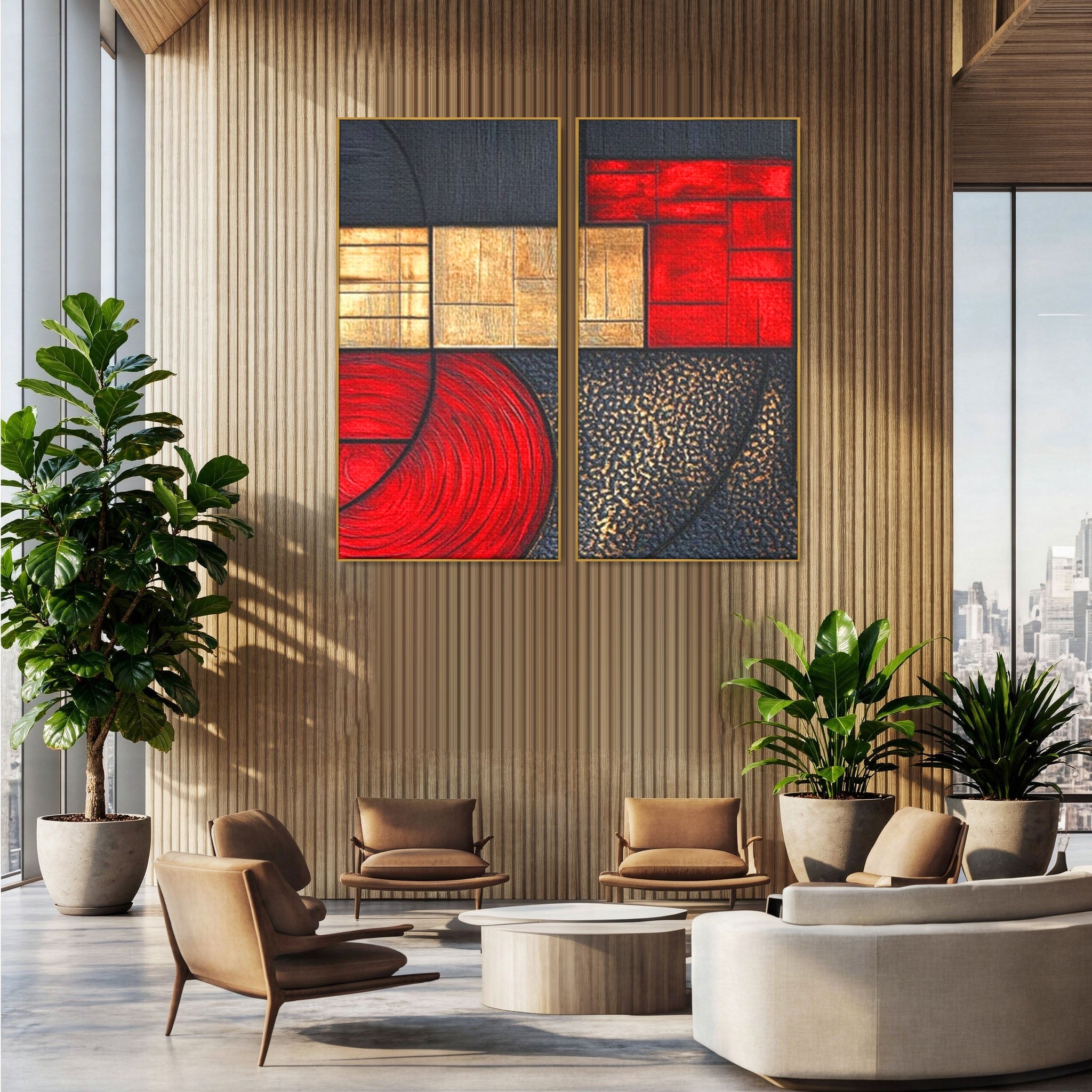 Set 2 Tablouri Canvas Premium LuxCanva® C2-1306, Ordinea pasiunii, Geometrie, Culori, Abstract, Auriu, Rosu, Negru, Minimalism, Design, Cerc, Labirint, Dorinta, Expozitie, Arta, Birou, Living, Dormitor