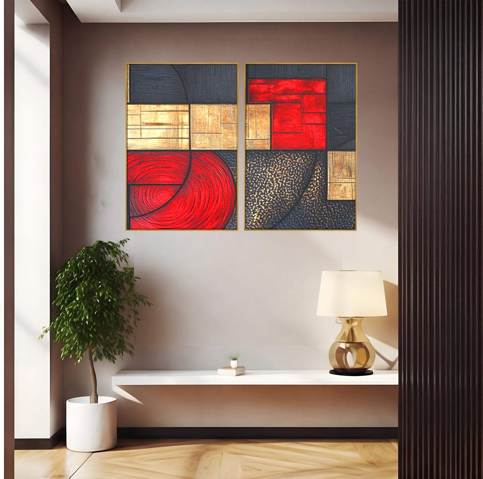 Set 2 Tablouri Canvas Premium LuxCanva® C2-1306, Ordinea pasiunii, Geometrie, Culori, Abstract, Auriu, Rosu, Negru, Minimalism, Design, Cerc, Labirint, Dorinta, Expozitie, Arta, Birou, Living, Dormitor
