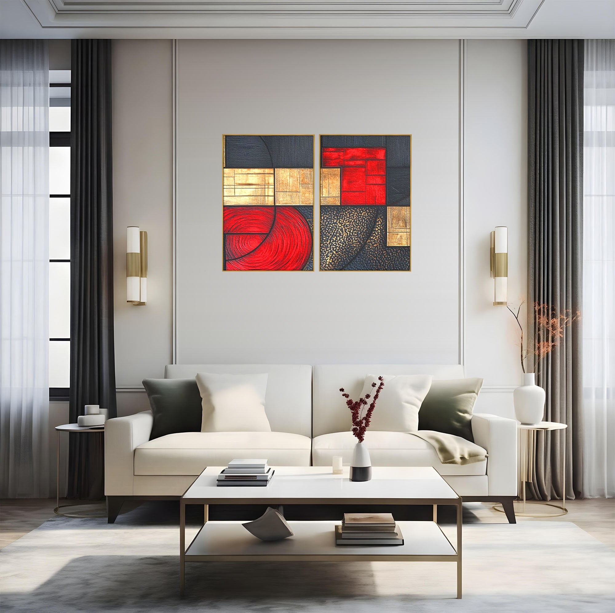 Set 2 Tablouri Canvas Premium LuxCanva® C2-1306, Ordinea pasiunii, Geometrie, Culori, Abstract, Auriu, Rosu, Negru, Minimalism, Design, Cerc, Labirint, Dorinta, Expozitie, Arta, Birou, Living, Dormitor
