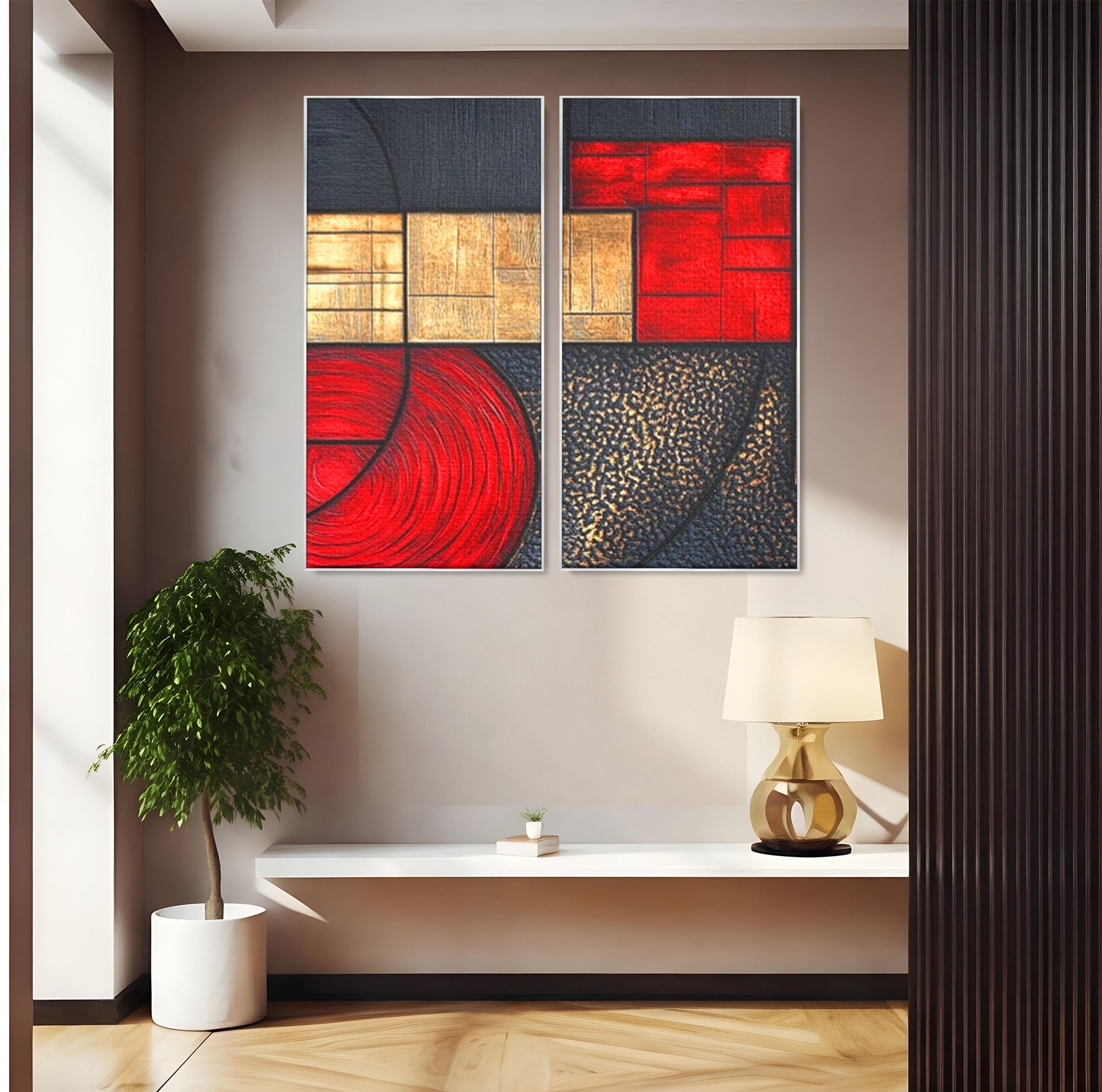 Set 2 Tablouri Canvas Premium LuxCanva® C2-1306, Ordinea pasiunii, Geometrie, Culori, Abstract, Auriu, Rosu, Negru, Minimalism, Design, Cerc, Labirint, Dorinta, Expozitie, Arta, Birou, Living, Dormitor
