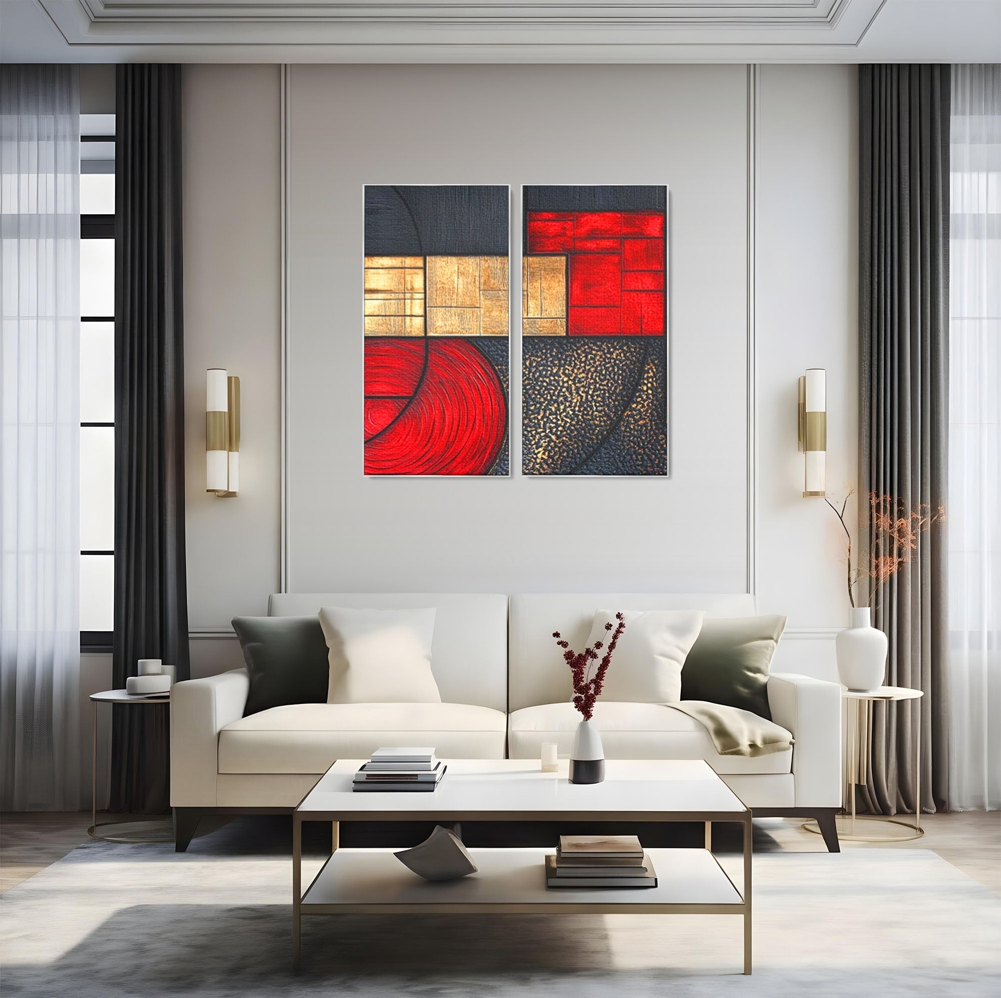 Set 2 Tablouri Canvas Premium LuxCanva® C2-1306, Ordinea pasiunii, Geometrie, Culori, Abstract, Auriu, Rosu, Negru, Minimalism, Design, Cerc, Labirint, Dorinta, Expozitie, Arta, Birou, Living, Dormitor