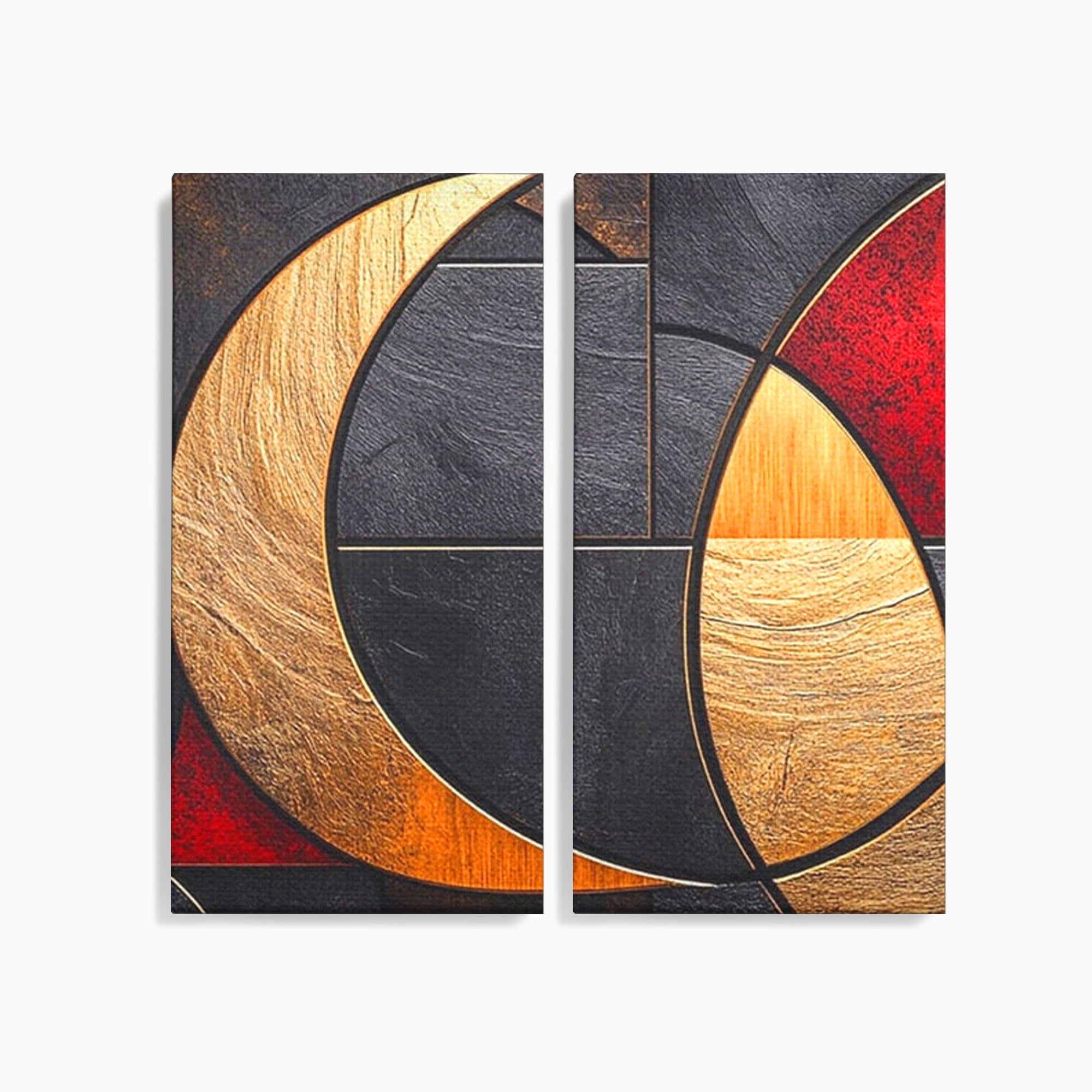 Set 2 Tablouri Canvas Premium LuxCanva® C2-1307, Aurul Noptii, Geometrie, Culori, Abstract, Auriu, Cerc, Arc, Linii, Rosu, Asimetrie, Colectie, Galerie, Expresiv, Premium, Visare, Birou, Living, Dormitor