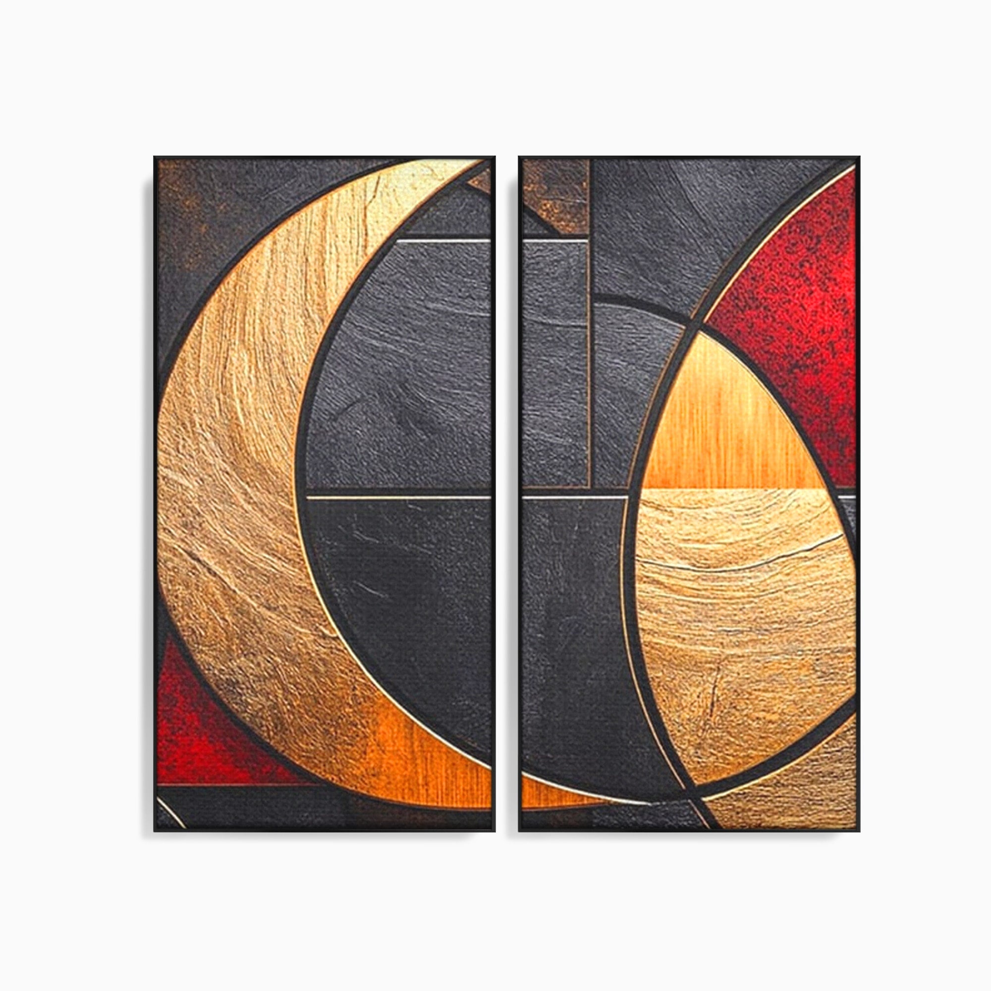 Set 2 Tablouri Canvas Premium LuxCanva® C2-1307, Aurul Noptii, Geometrie, Culori, Abstract, Auriu, Cerc, Arc, Linii, Rosu, Asimetrie, Colectie, Galerie, Expresiv, Premium, Visare, Birou, Living, Dormitor