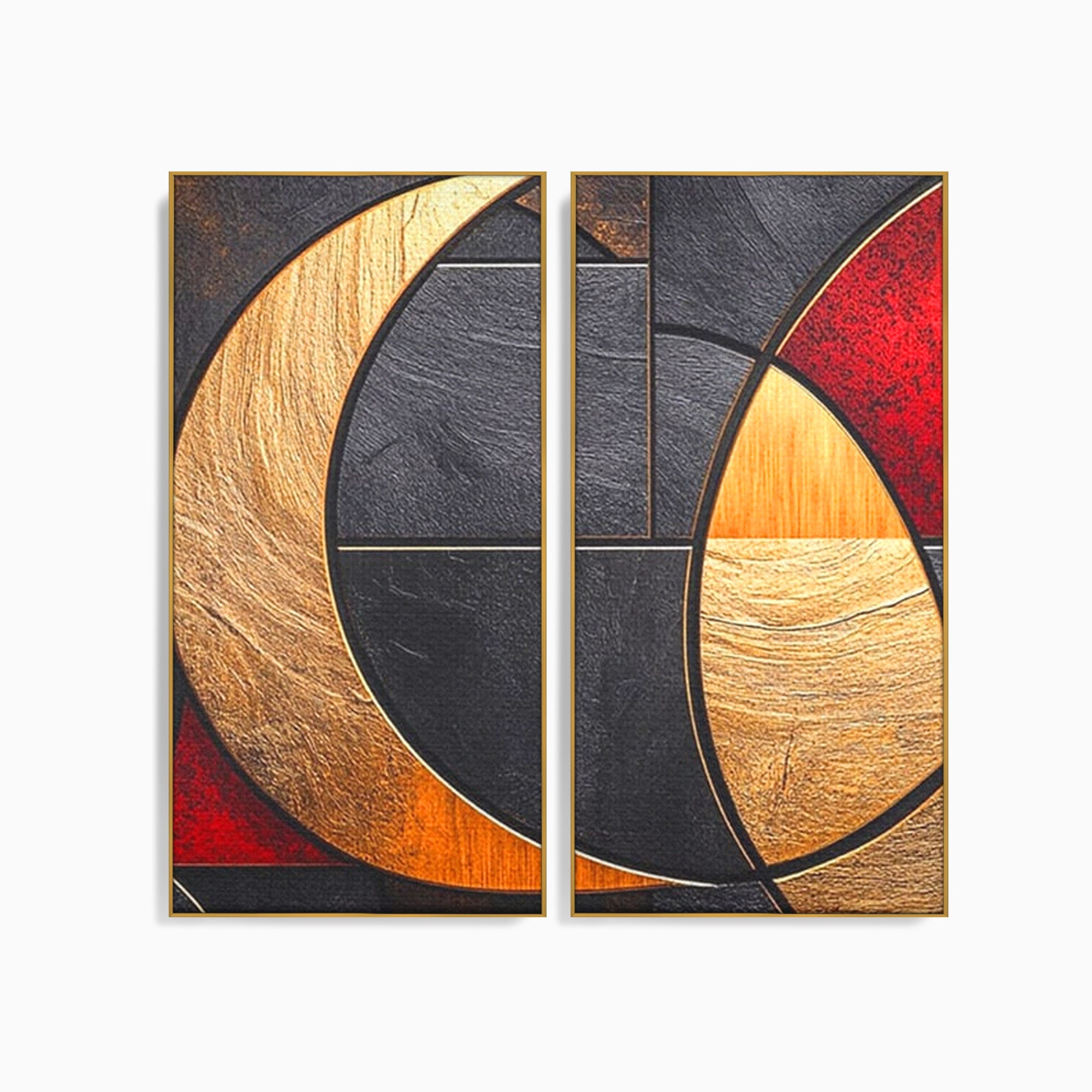 Set 2 Tablouri Canvas Premium LuxCanva® C2-1307, Aurul Noptii, Geometrie, Culori, Abstract, Auriu, Cerc, Arc, Linii, Rosu, Asimetrie, Colectie, Galerie, Expresiv, Premium, Visare, Birou, Living, Dormitor