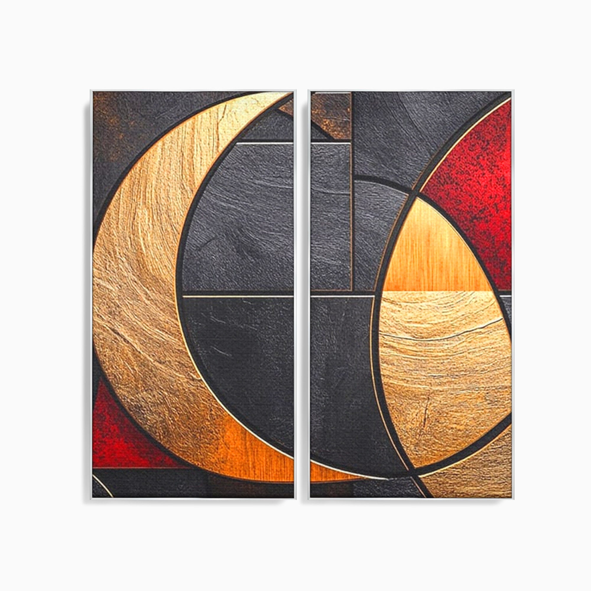 Set 2 Tablouri Canvas Premium LuxCanva® C2-1307, Aurul Noptii, Geometrie, Culori, Abstract, Auriu, Cerc, Arc, Linii, Rosu, Asimetrie, Colectie, Galerie, Expresiv, Premium, Visare, Birou, Living, Dormitor