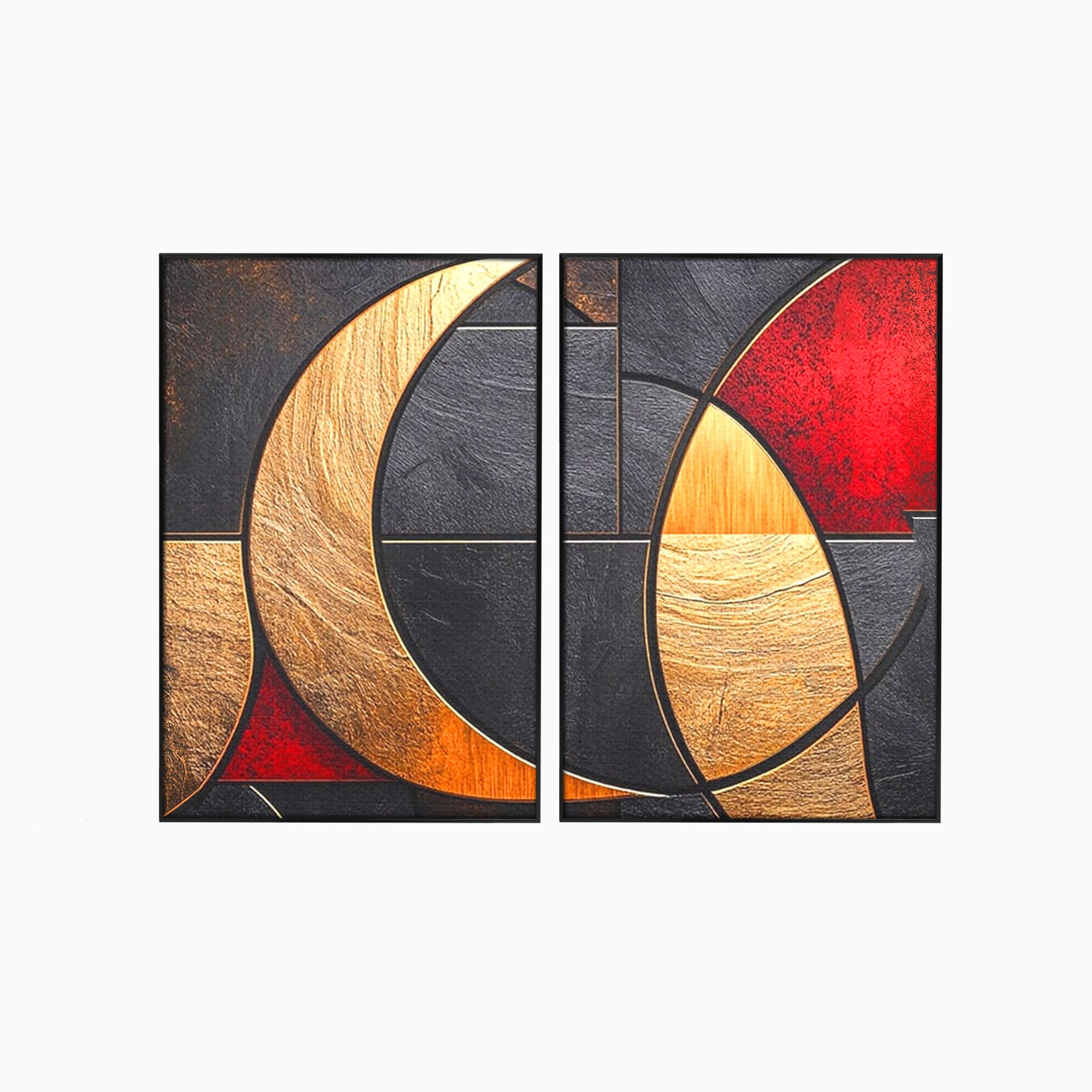 Set 2 Tablouri Canvas Premium LuxCanva® C2-1307, Aurul Noptii, Geometrie, Culori, Abstract, Auriu, Cerc, Arc, Linii, Rosu, Asimetrie, Colectie, Galerie, Expresiv, Premium, Visare, Birou, Living, Dormitor