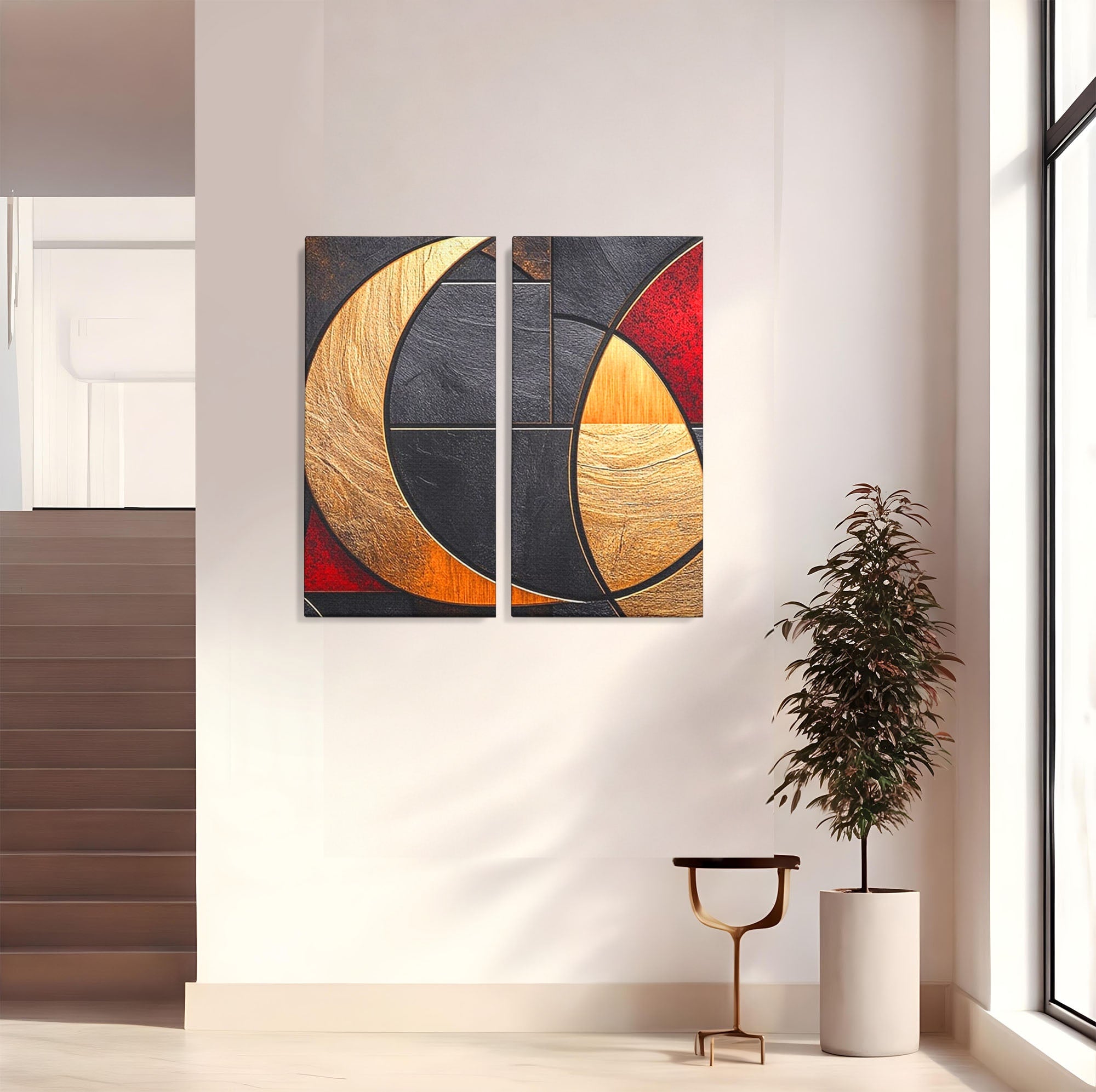 Set 2 Tablouri Canvas Premium LuxCanva® C2-1307, Aurul Noptii, Geometrie, Culori, Abstract, Auriu, Cerc, Arc, Linii, Rosu, Asimetrie, Colectie, Galerie, Expresiv, Premium, Visare, Birou, Living, Dormitor